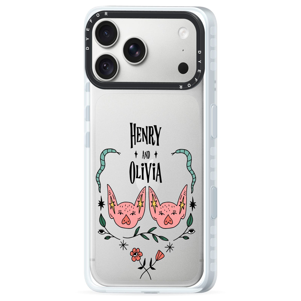 Personalised Piggies iPhone 18 Pro Black Impact Pre order Case Side Angle on Silver phone