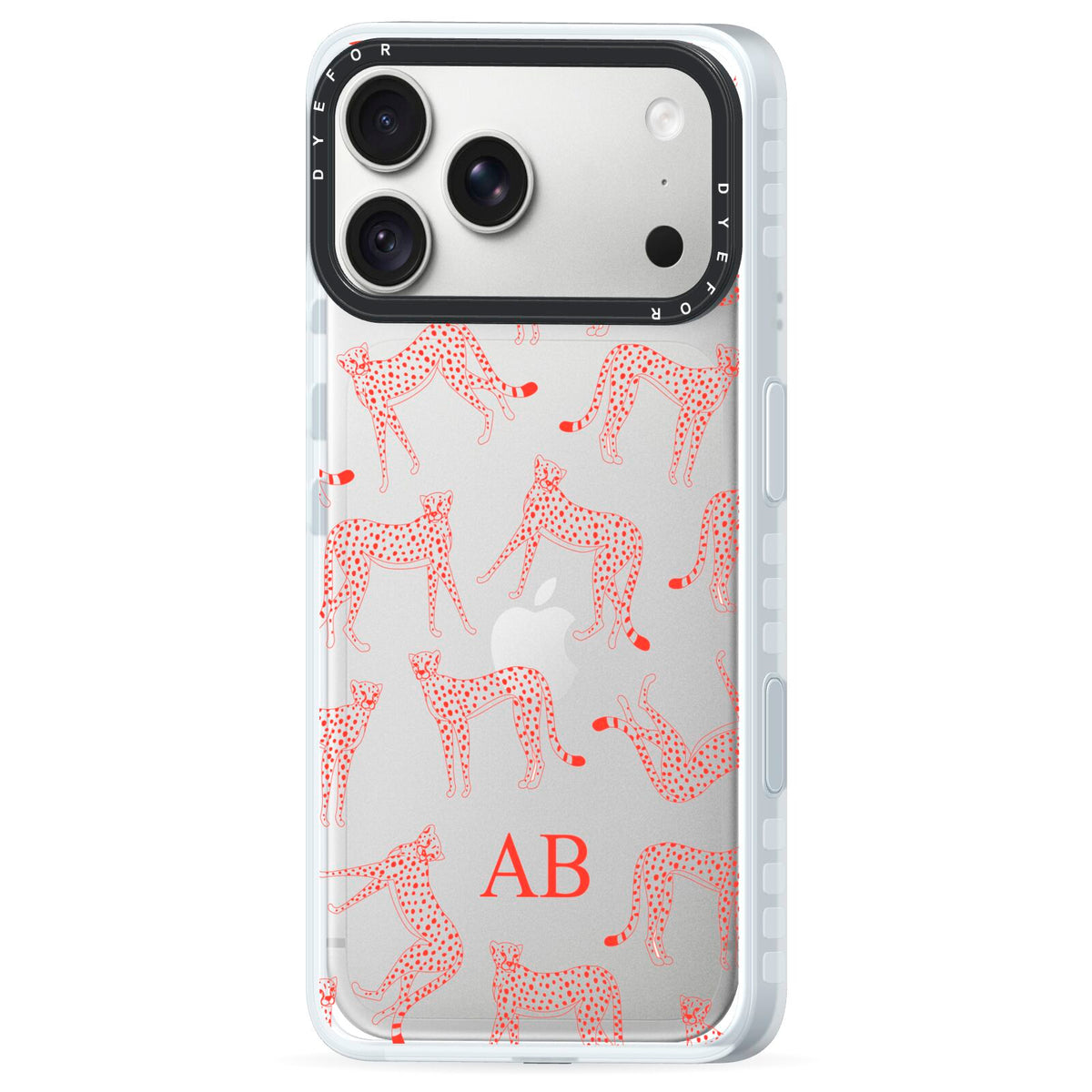 Personalised Pink Cheetah iPhone 18 Pro Max Black Impact Pre order Case Side Angle on Silver phone