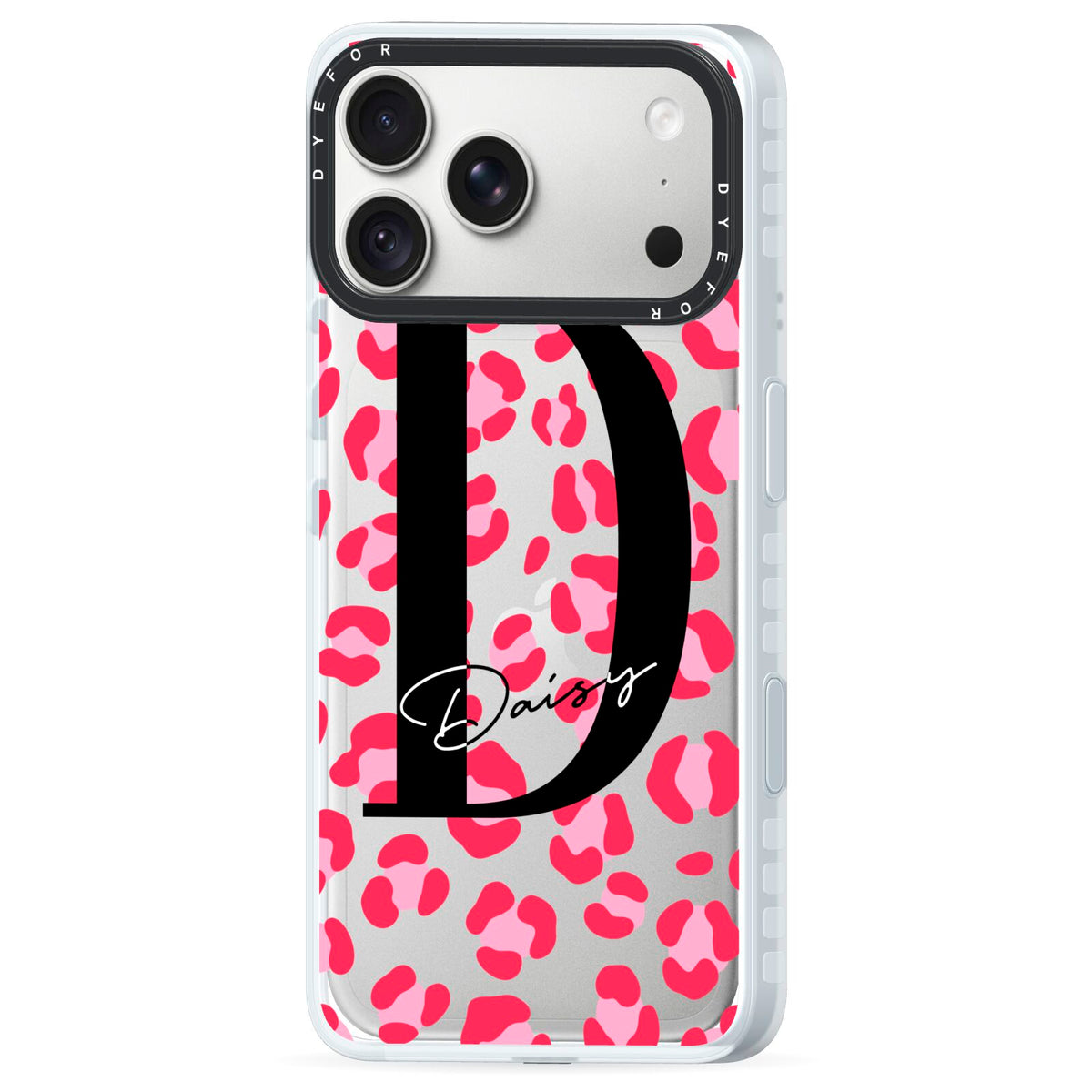 Personalised Pink Clear Leopard Print iPhone 18 Pro Max Black Impact Pre order Case Side Angle on Silver phone