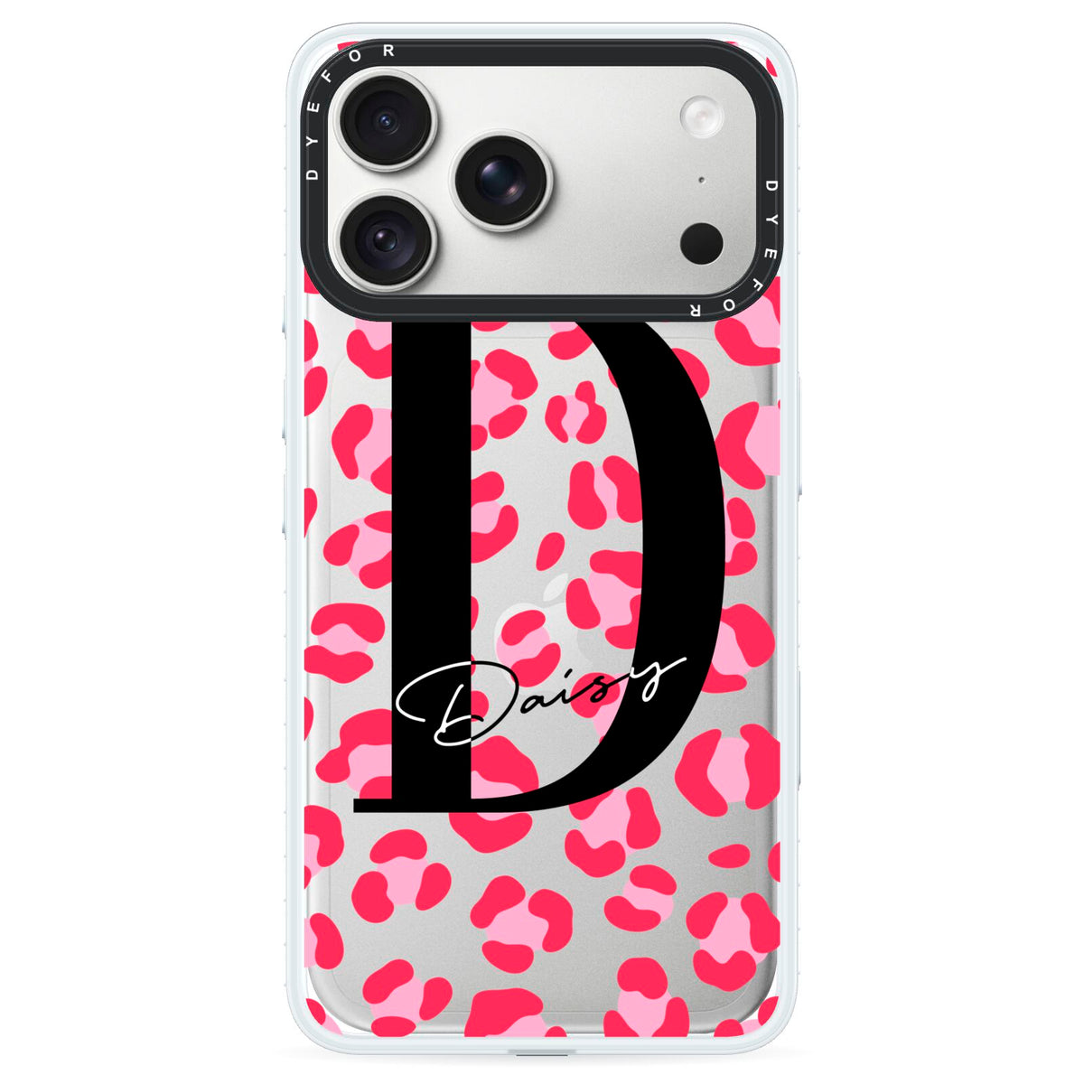 Personalised Pink Clear Leopard Print iPhone 18 Pro Max Black Impact Pre order Case on Silver phone