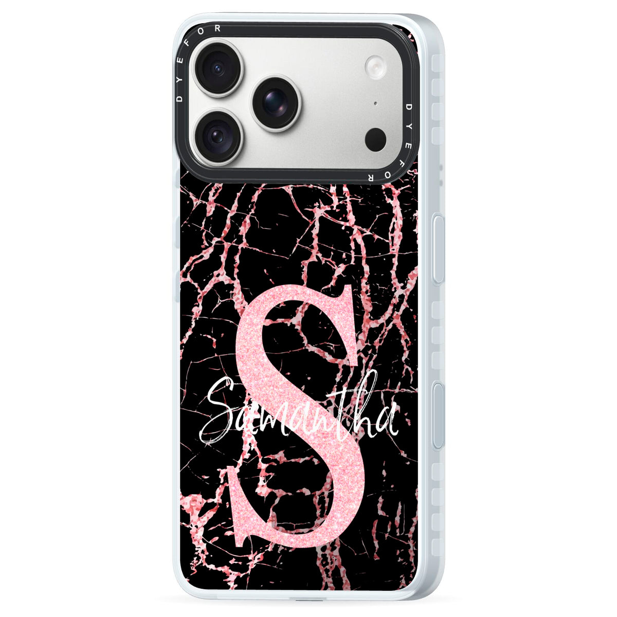 Personalised Pink Cracked Marble Glitter Initial iPhone 18 Pro Black Impact Pre order Case Side Angle on Silver phone