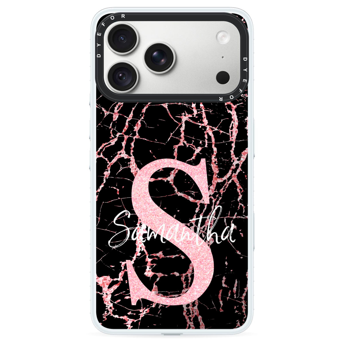 Personalised Pink Cracked Marble Glitter Initial iPhone 18 Pro Black Impact Pre order Case on Silver phone