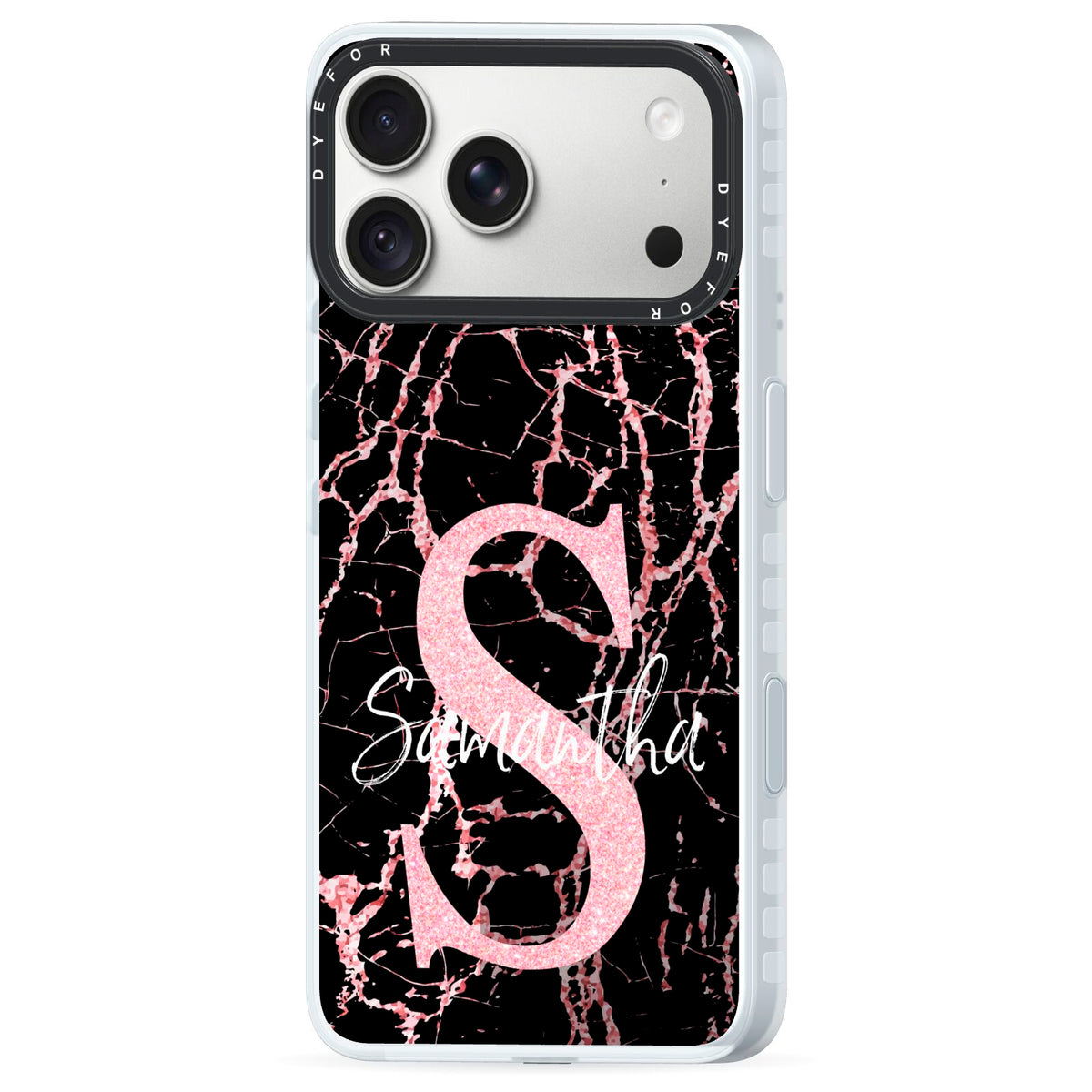Personalised Pink Cracked Marble Glitter Initial iPhone 18 Pro Max Black Impact Pre order Case Side Angle on Silver phone