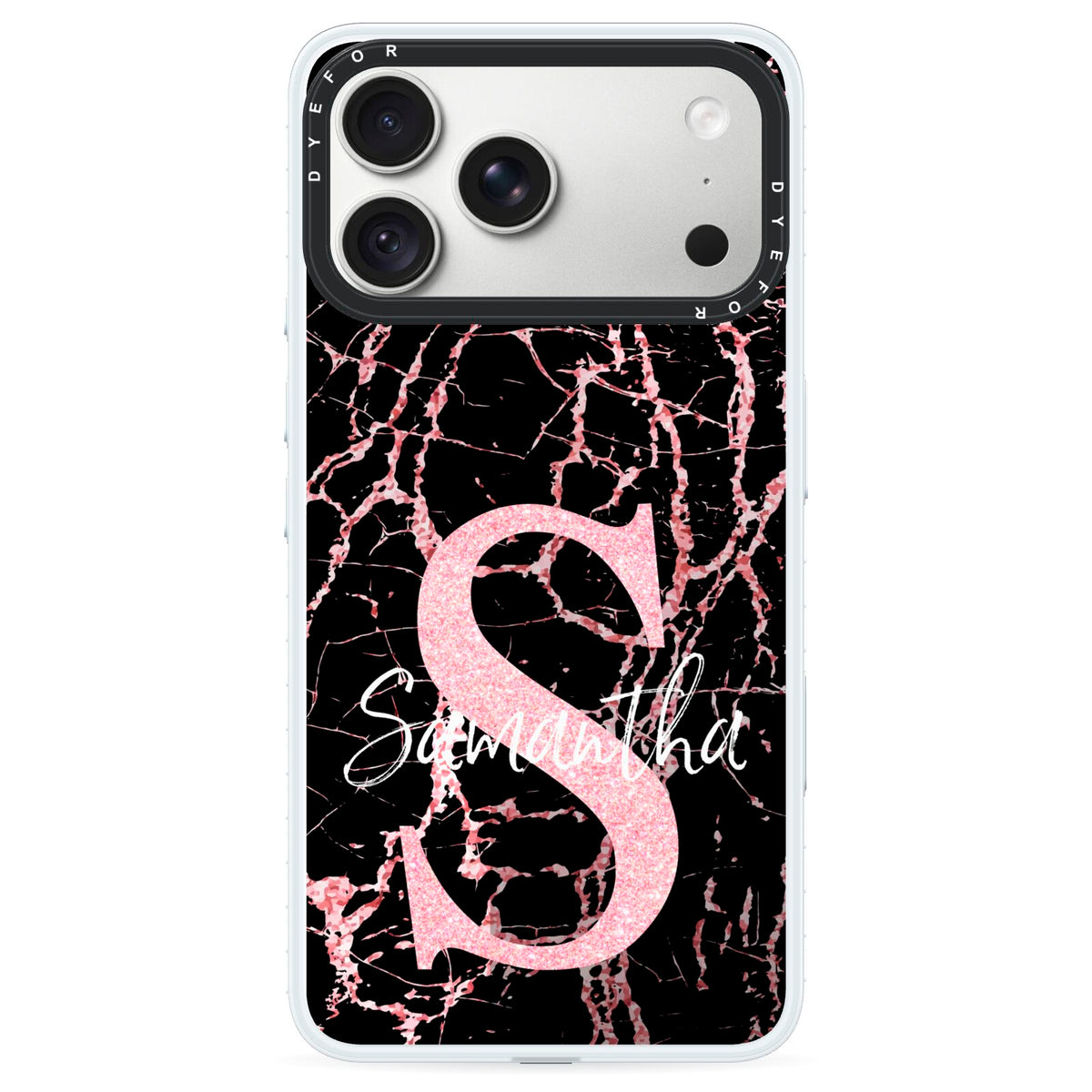 Personalised Pink Cracked Marble Glitter Initial iPhone 18 Pro Max Black Impact Pre order Case on Silver phone