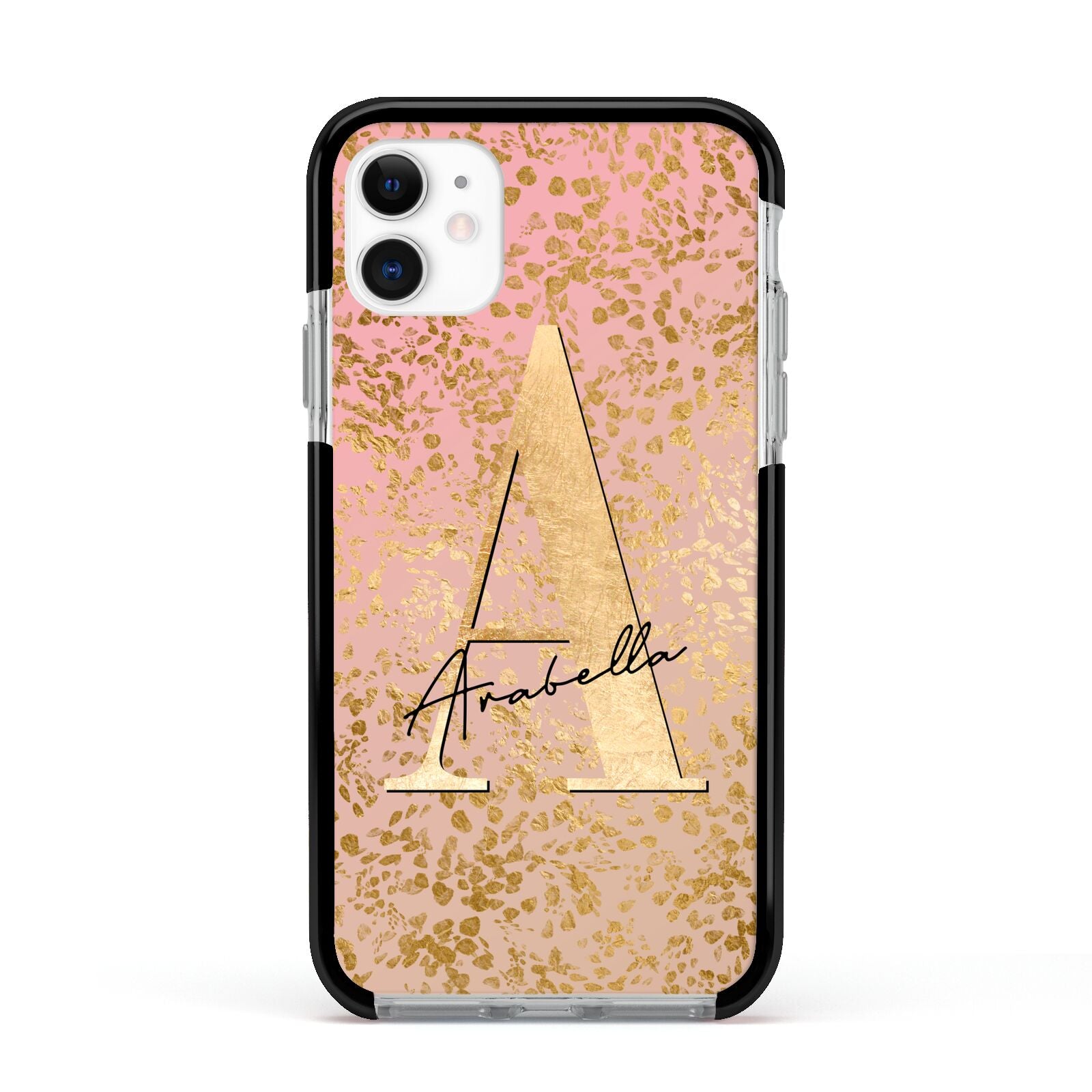 Personalised Pink Gold Cheetah Apple iPhone 11 in White with Black Impact Case
