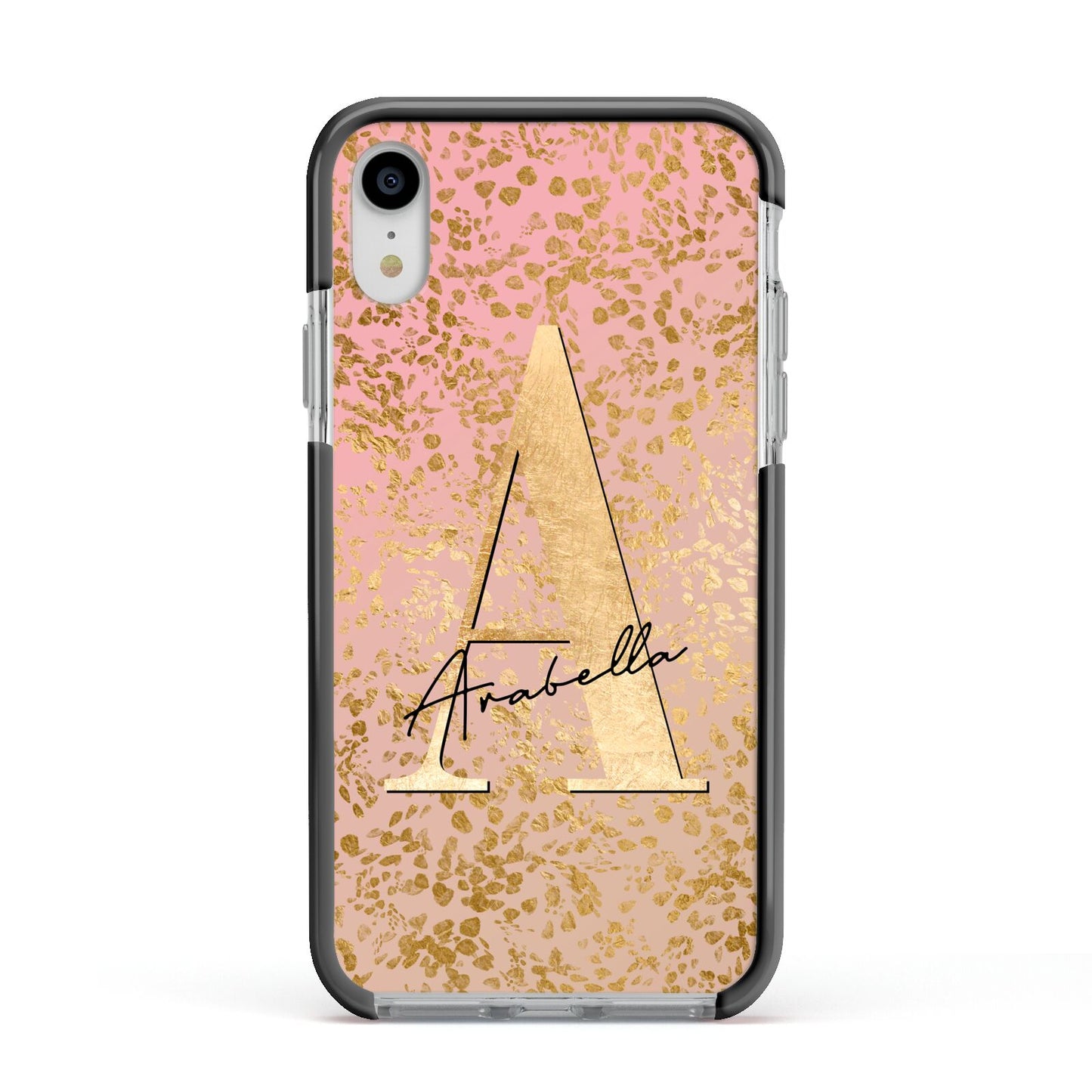 Personalised Pink Gold Cheetah Apple iPhone XR Impact Case Black Edge on Silver Phone