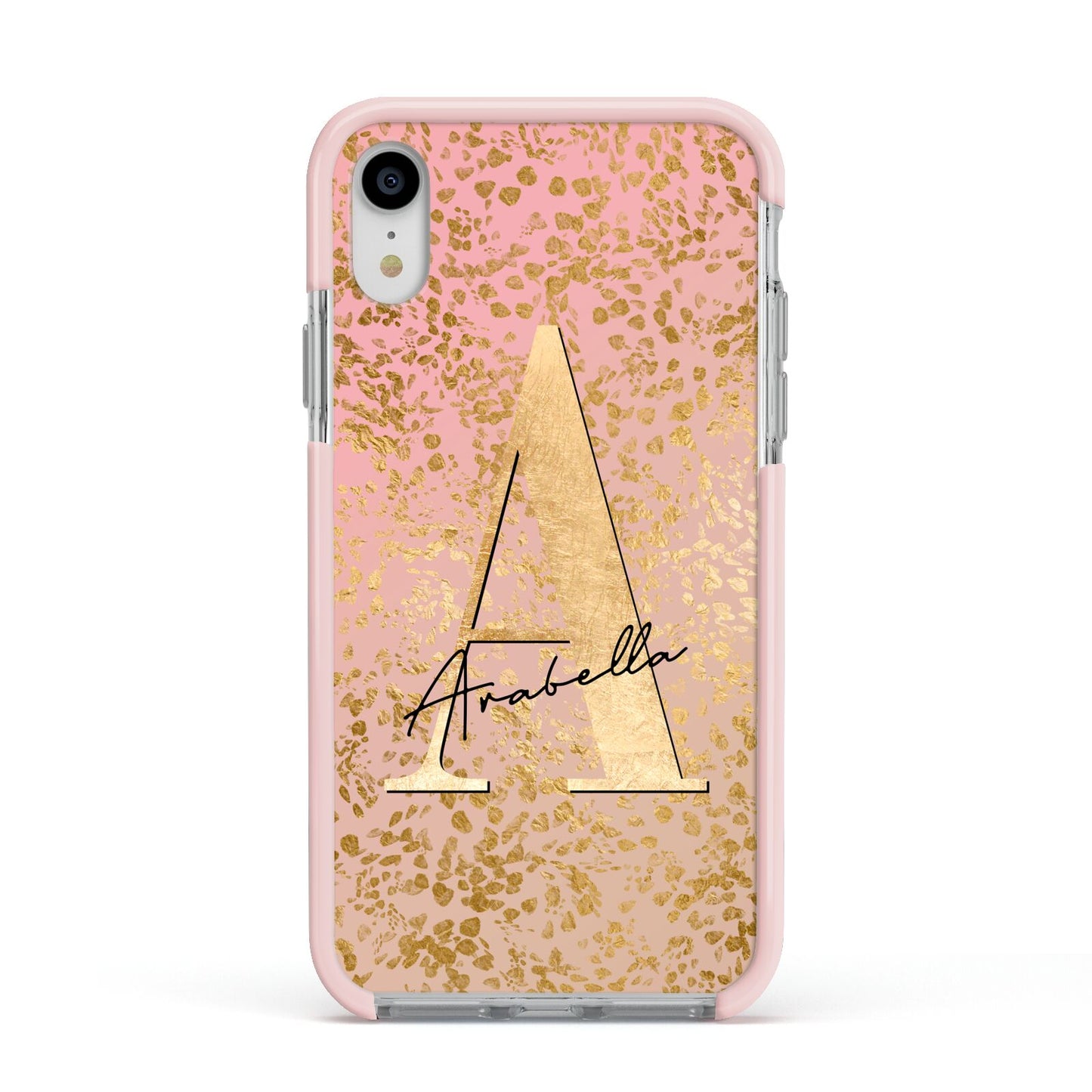 Personalised Pink Gold Cheetah Apple iPhone XR Impact Case Pink Edge on Silver Phone