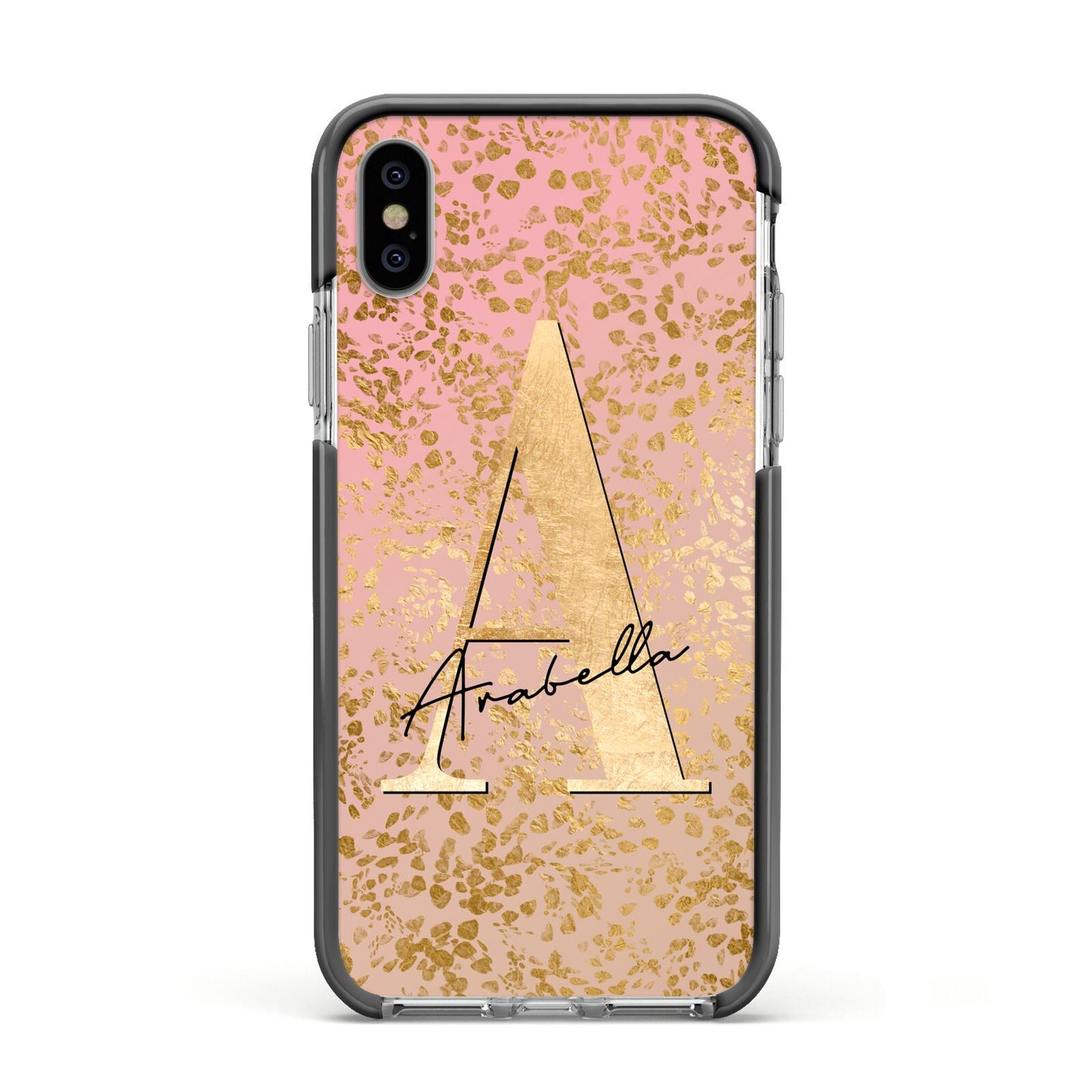Personalised Pink Gold Cheetah Apple iPhone Xs Impact Case Black Edge on Silver Phone