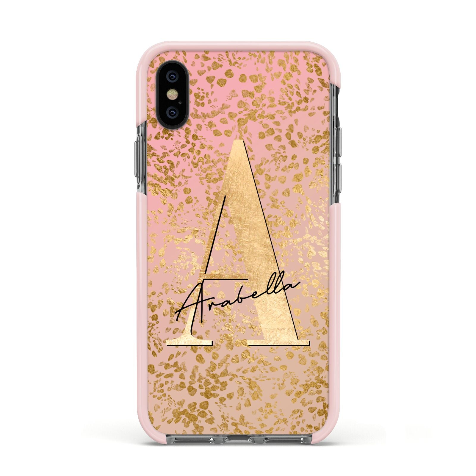 Personalised Pink Gold Cheetah Apple iPhone Xs Impact Case Pink Edge on Black Phone