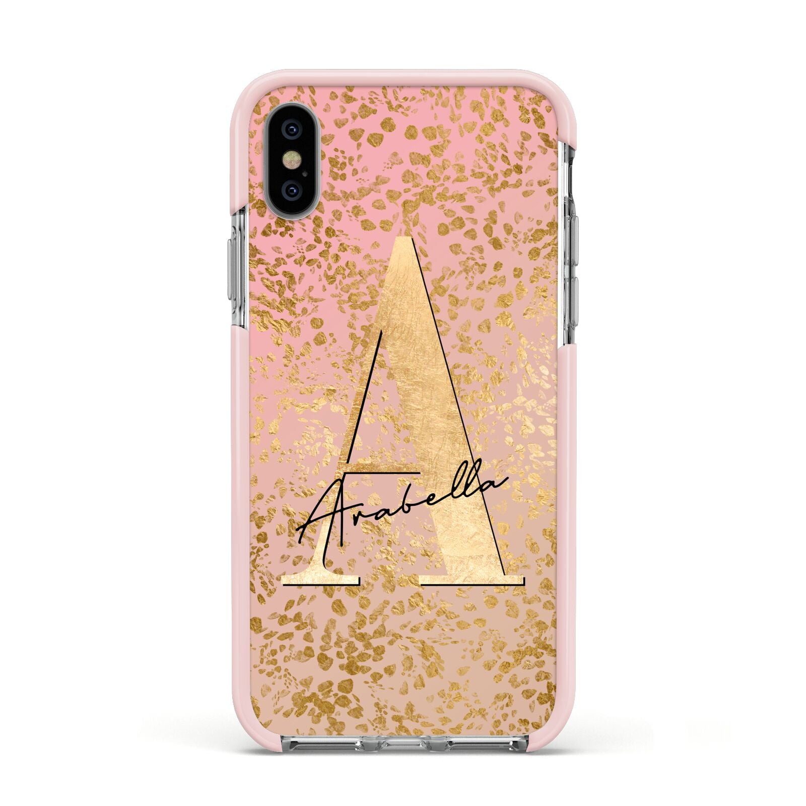 Personalised Pink Gold Cheetah Apple iPhone Xs Impact Case Pink Edge on Silver Phone