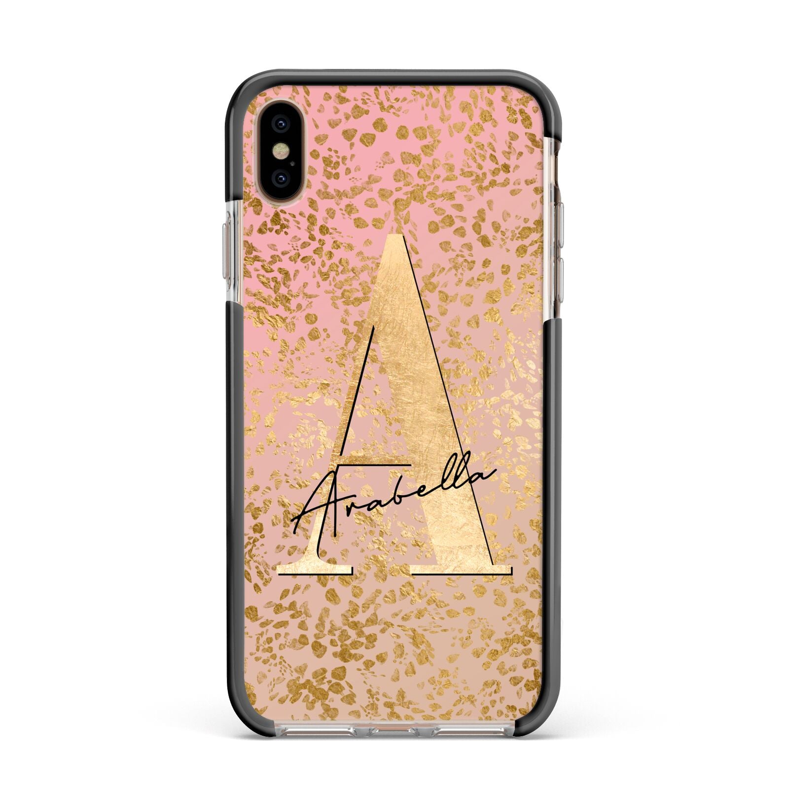 Personalised Pink Gold Cheetah Apple iPhone Xs Max Impact Case Black Edge on Gold Phone