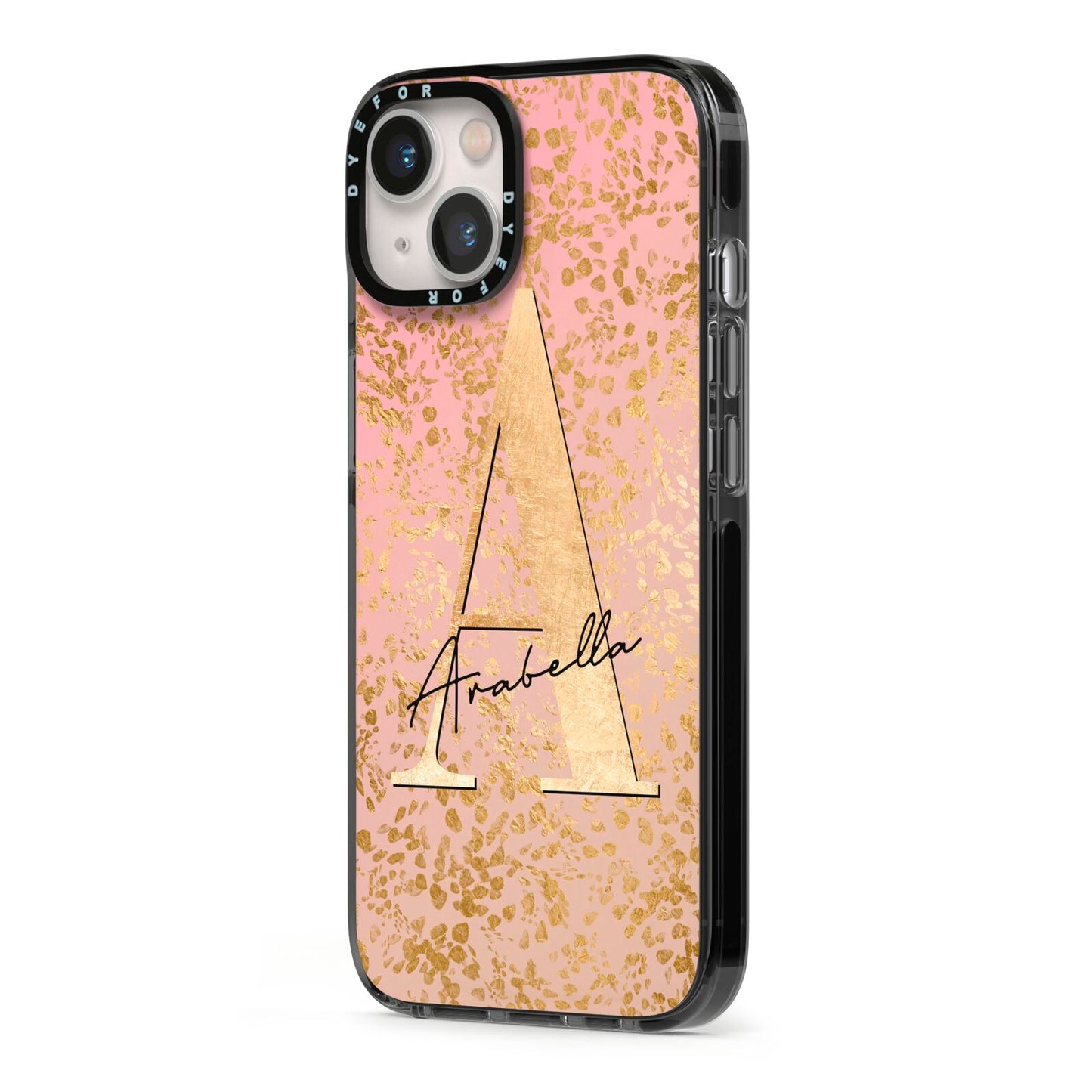 Personalised Pink Gold Cheetah iPhone 13 Black Impact Case Side Angle on Silver phone
