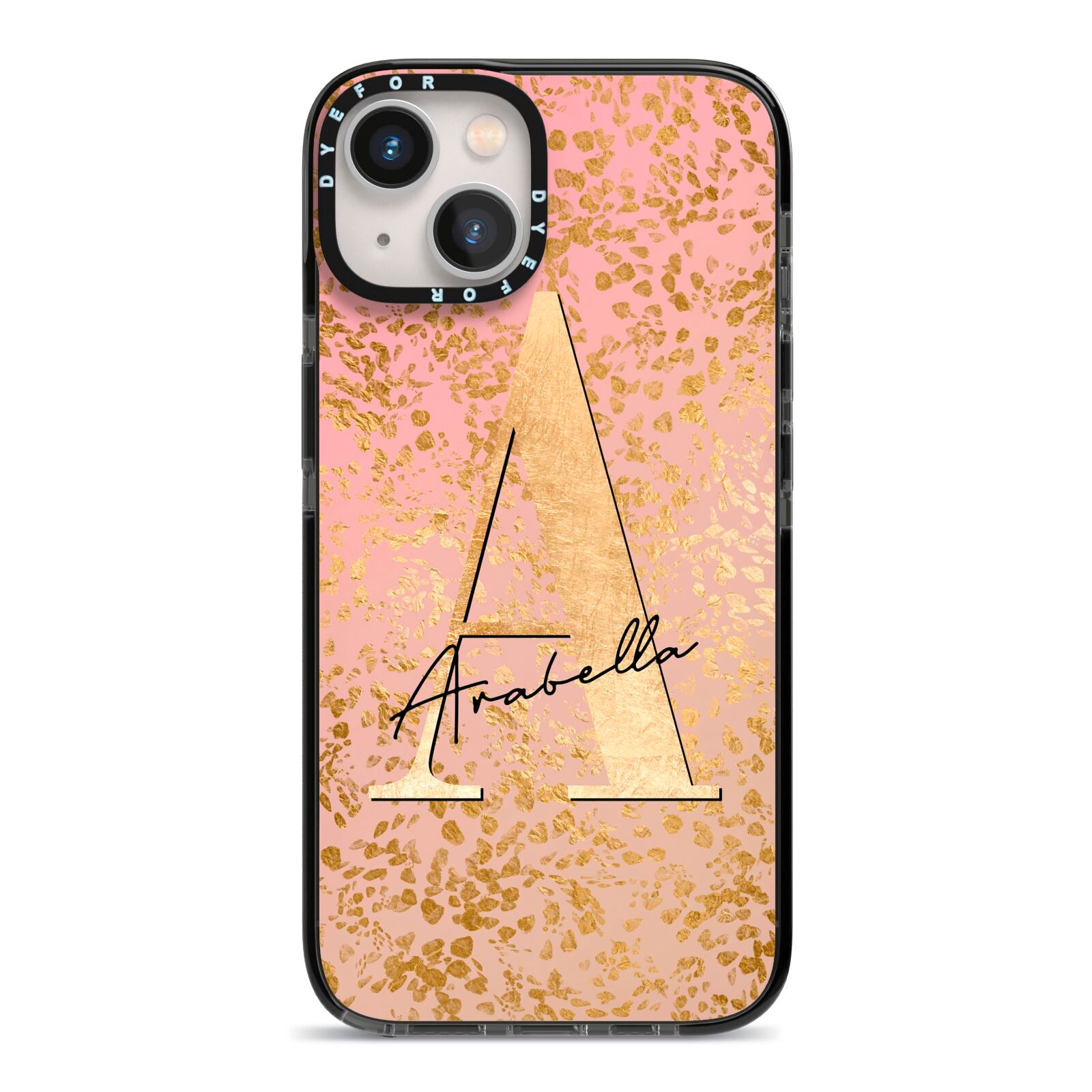 Personalised Pink Gold Cheetah iPhone 13 Black Impact Case on Silver phone