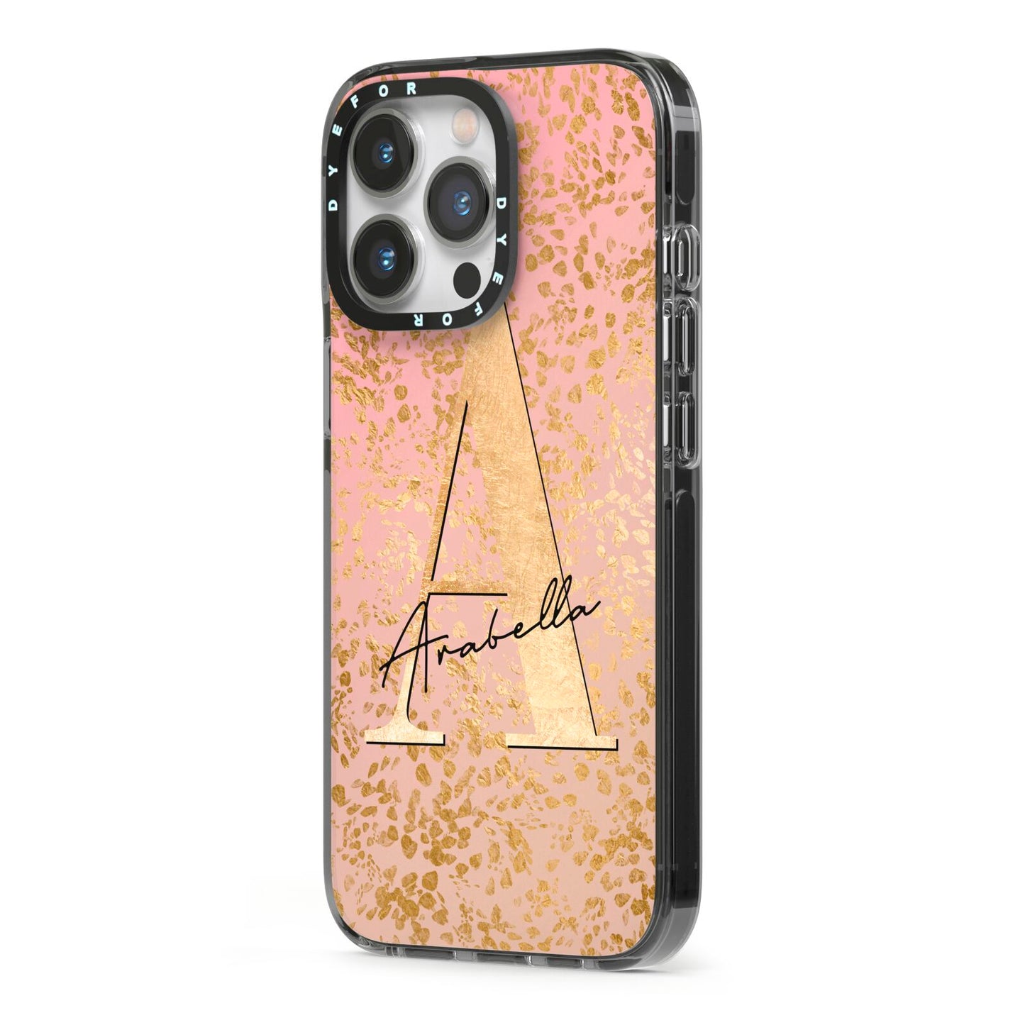 Personalised Pink Gold Cheetah iPhone 13 Pro Black Impact Case Side Angle on Silver phone