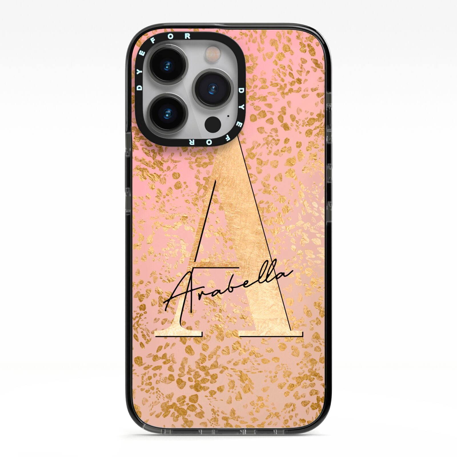 Personalised Pink Gold Cheetah iPhone 13 Pro Black Impact Case on Silver phone