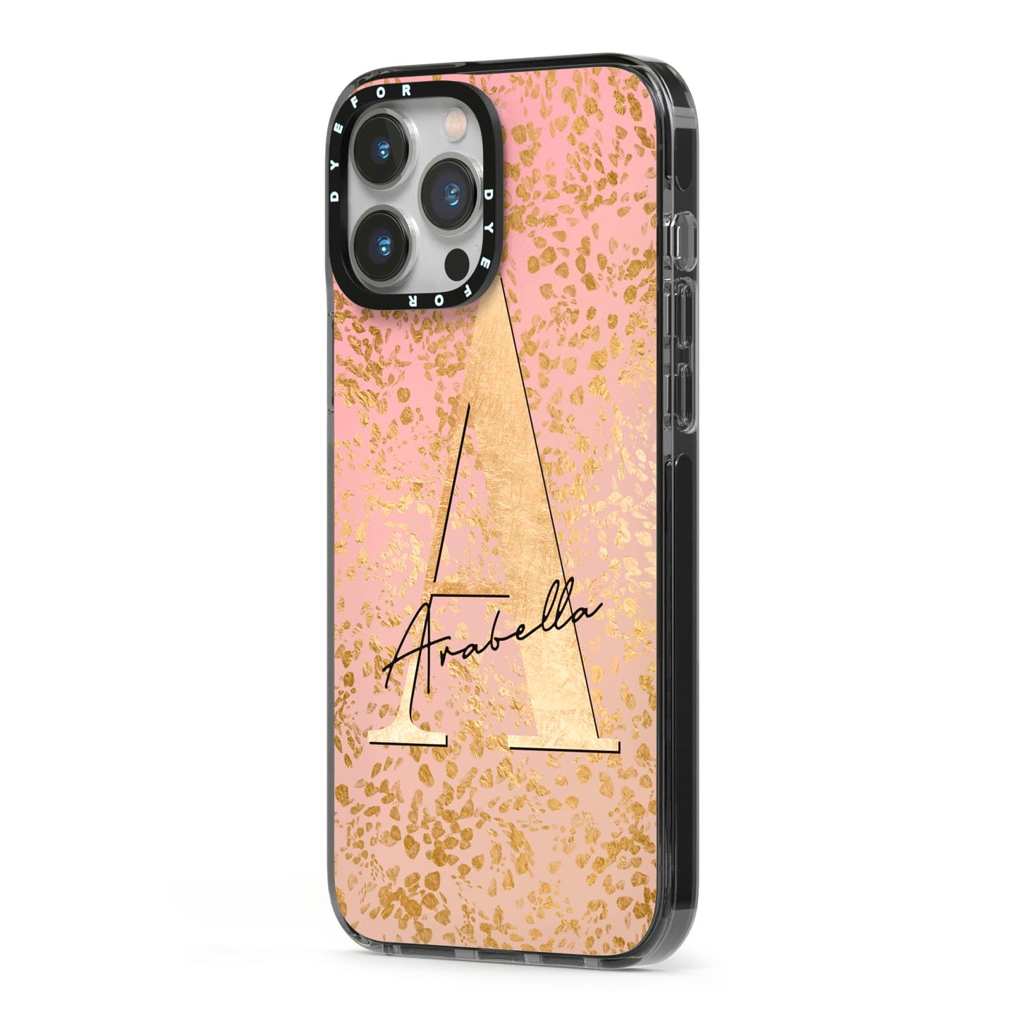 Personalised Pink Gold Cheetah iPhone 13 Pro Max Black Impact Case Side Angle on Silver phone