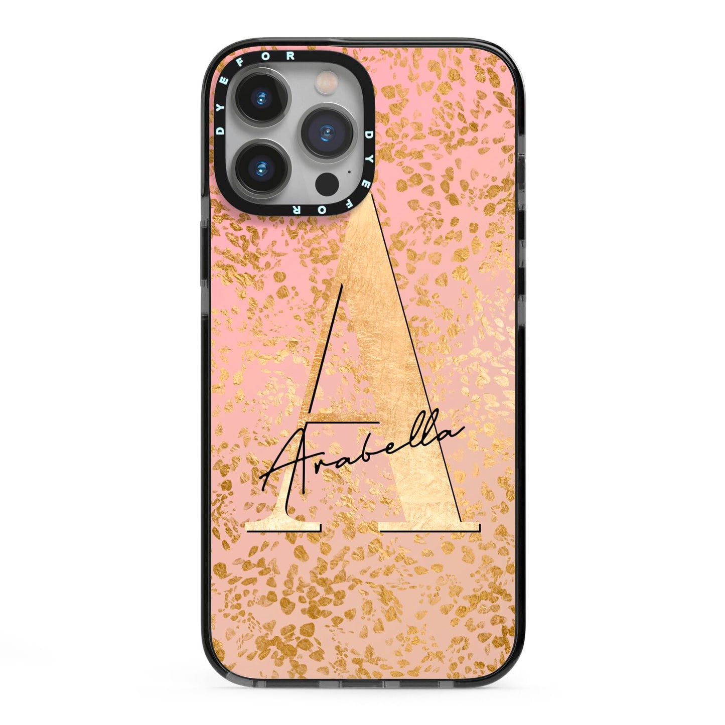 Personalised Pink Gold Cheetah iPhone 13 Pro Max Black Impact Case on Silver phone