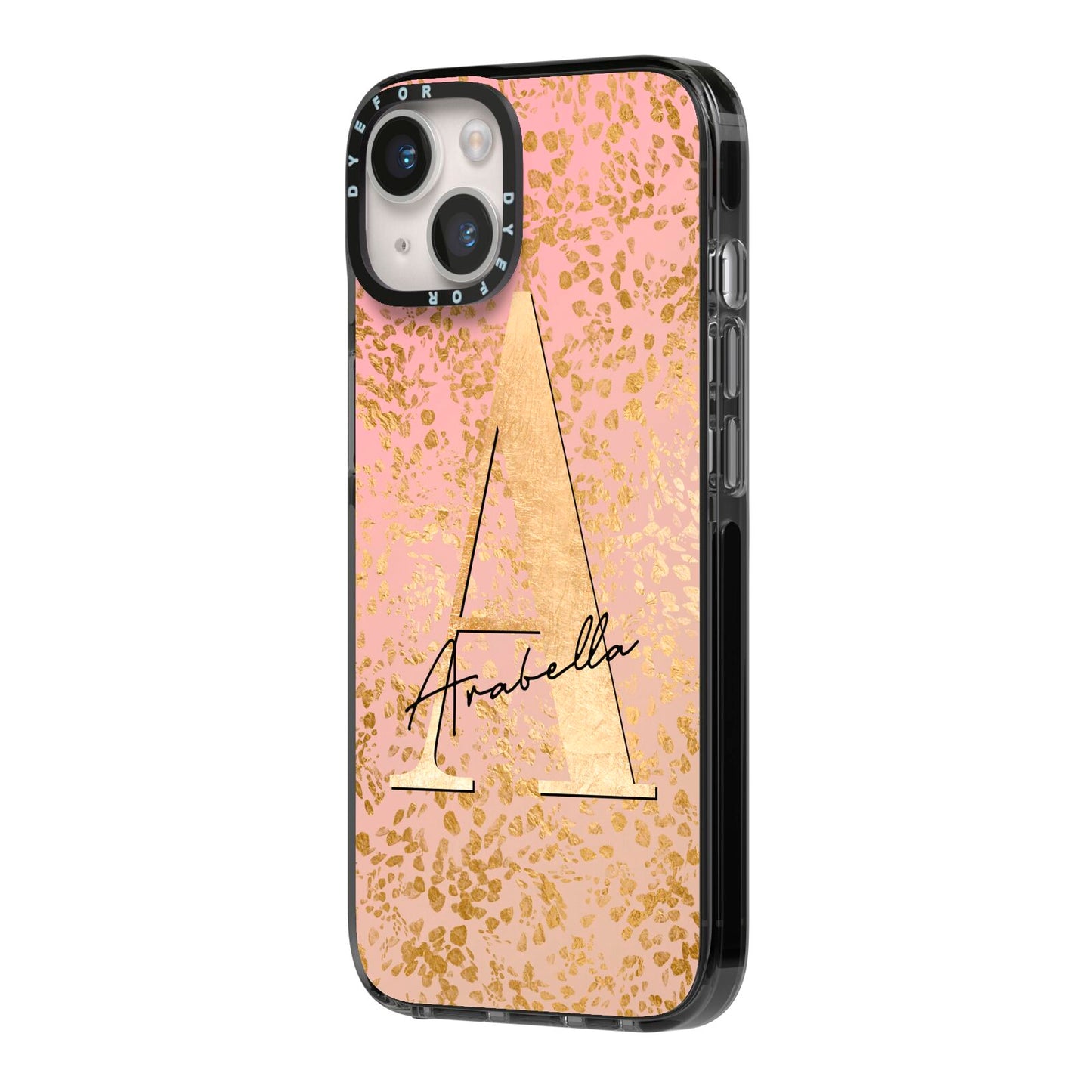 Personalised Pink Gold Cheetah iPhone 14 Black Impact Case Side Angle on Silver phone