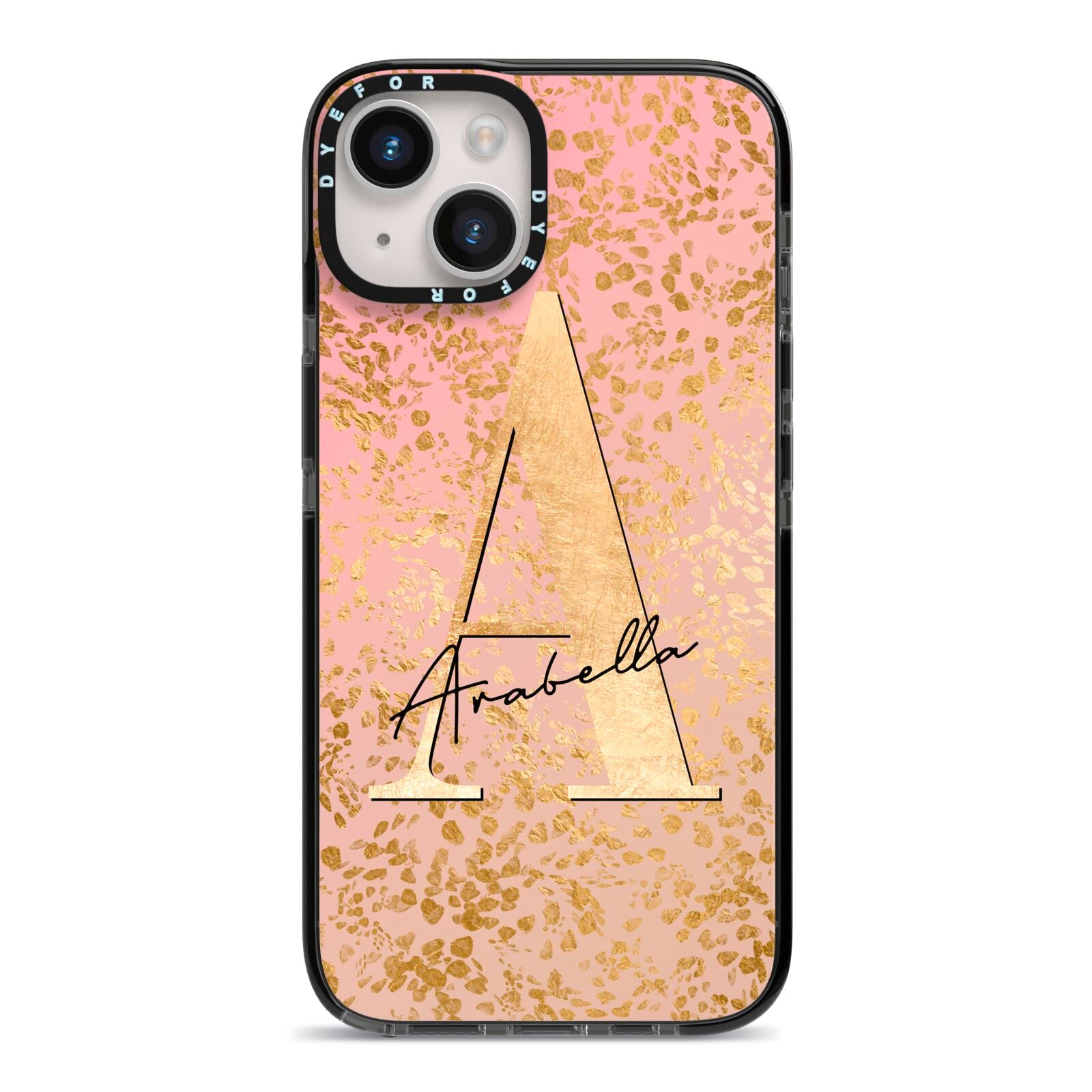 Personalised Pink Gold Cheetah iPhone 14 Black Impact Case on Silver phone