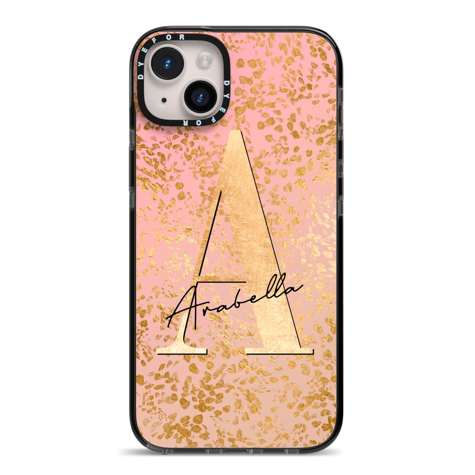 Personalised Pink Gold Cheetah iPhone 14 Plus Black Impact Case on Silver phone