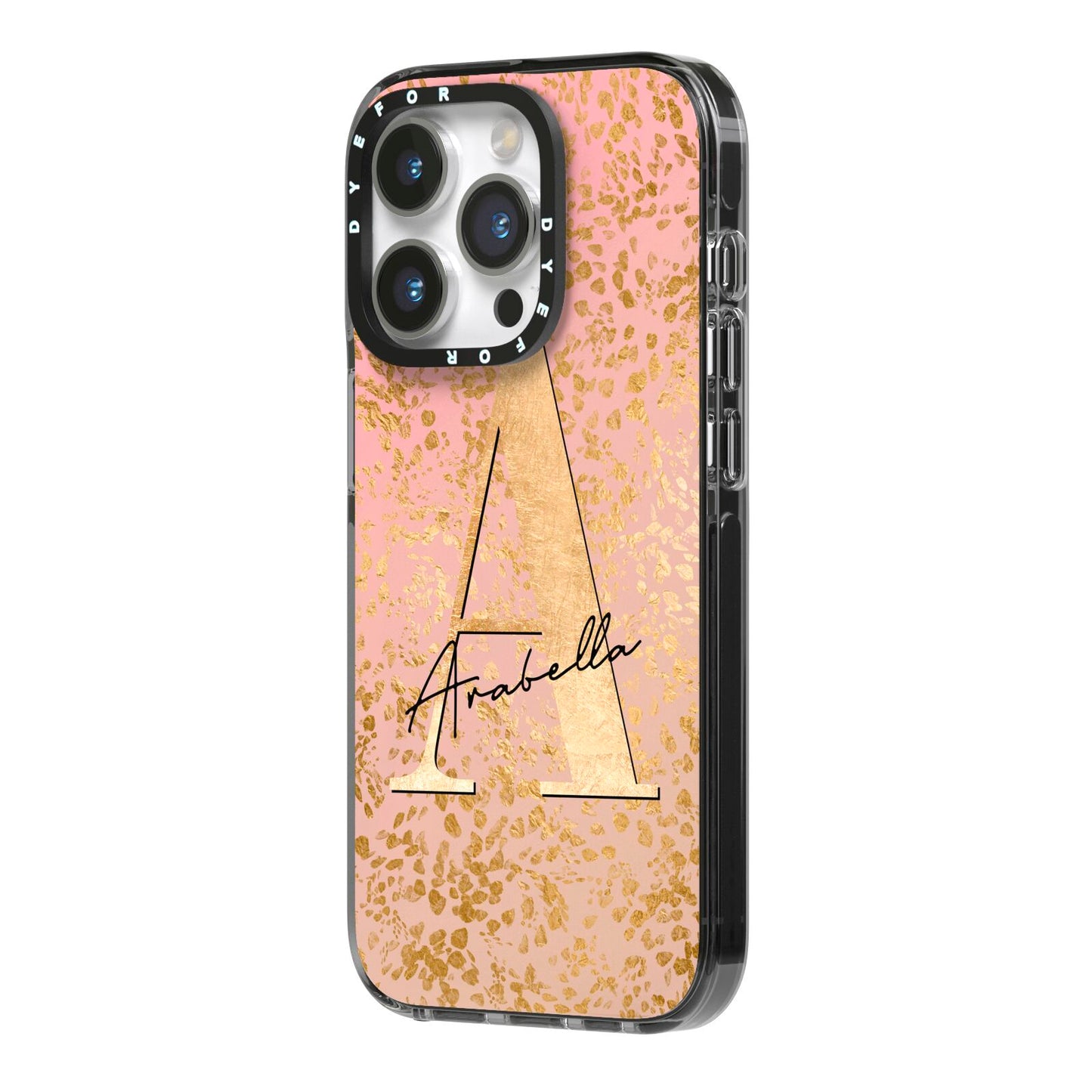 Personalised Pink Gold Cheetah iPhone 14 Pro Black Impact Case Side Angle on Silver phone
