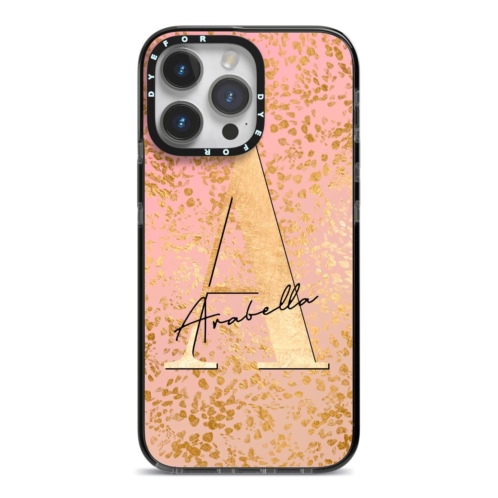 Personalised Pink Gold Cheetah iPhone 14 Pro Max Black Impact Case on Silver phone