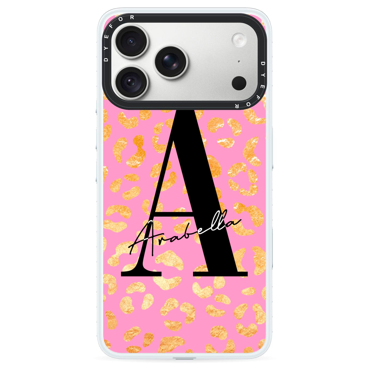 Personalised Pink Gold Leopard Print iPhone 18 Pro Black Impact Pre order Case on Silver phone