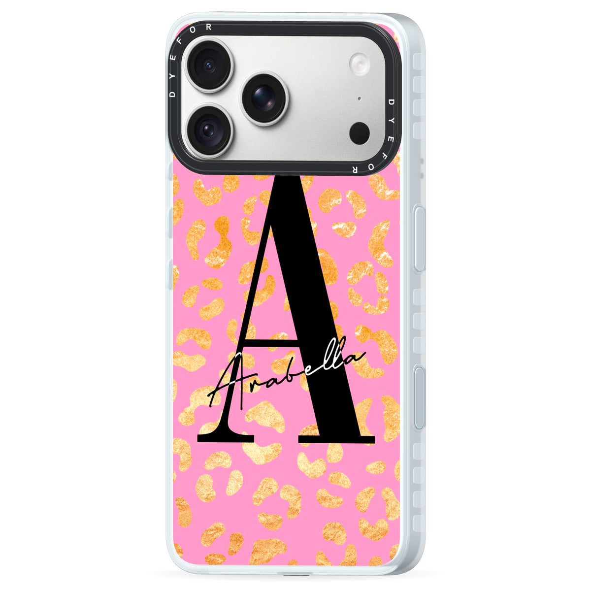 Personalised Pink Gold Leopard Print iPhone 18 Pro Max Black Impact Pre order Case Side Angle on Silver phone