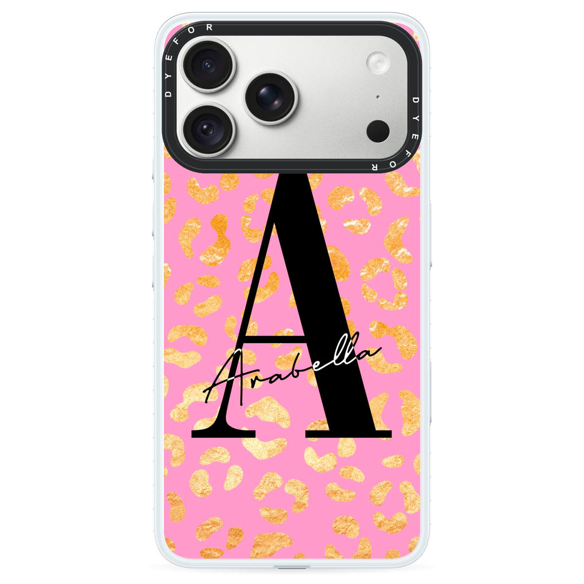 Personalised Pink Gold Leopard Print iPhone 18 Pro Max Black Impact Pre order Case on Silver phone