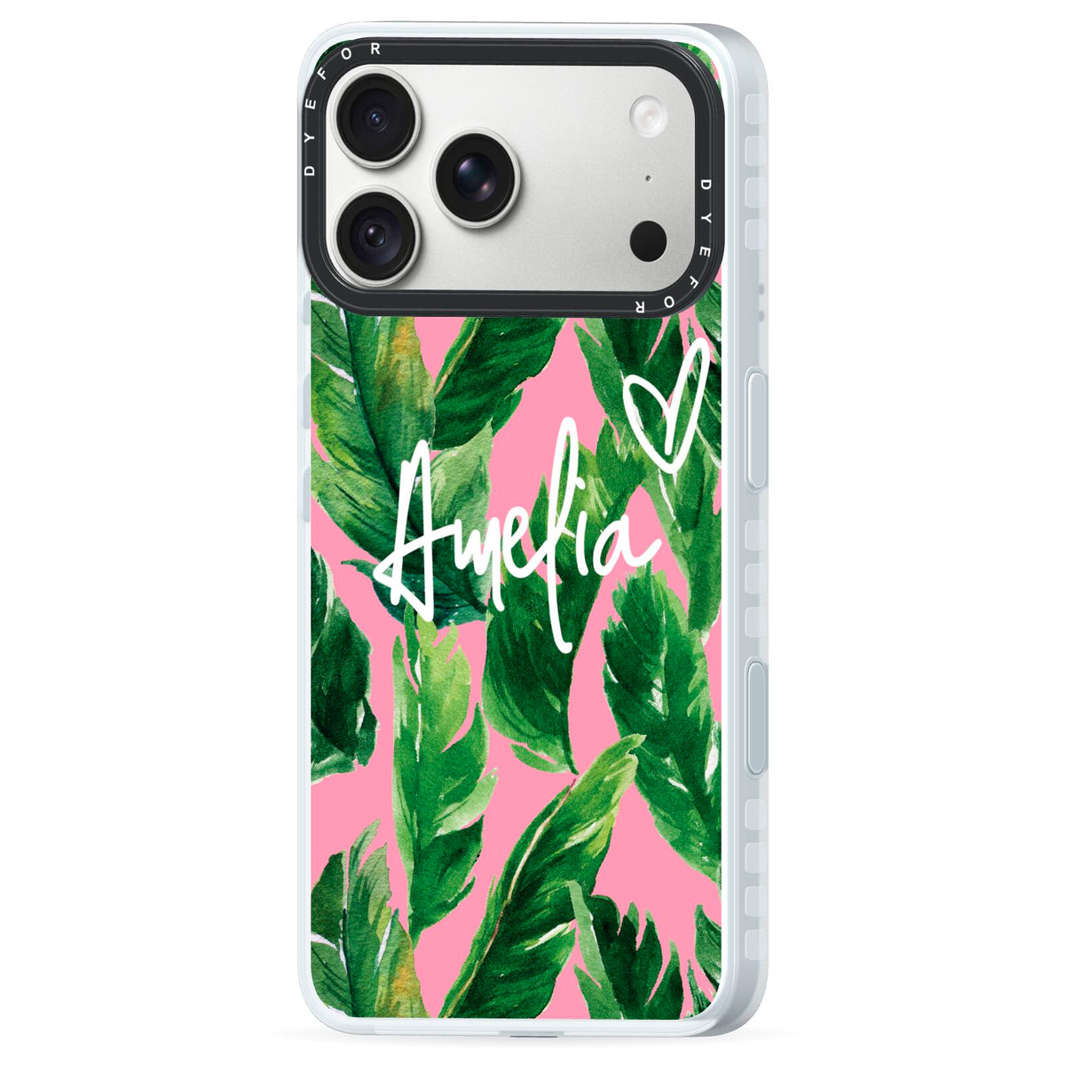 Personalised Pink Green Banana Leaf iPhone 18 Pro Black Impact Pre order Case Side Angle on Silver phone