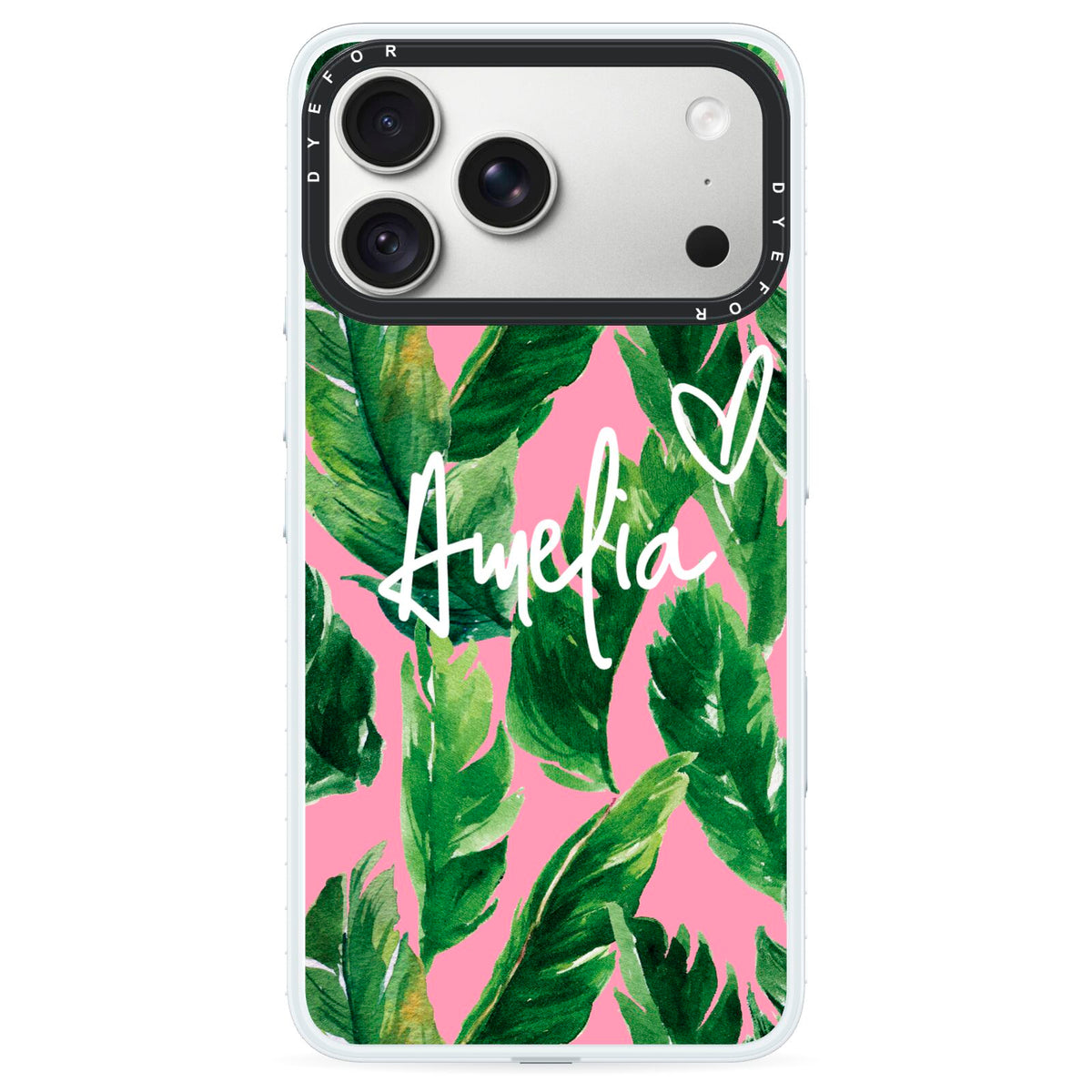 Personalised Pink Green Banana Leaf iPhone 18 Pro Black Impact Pre order Case on Silver phone