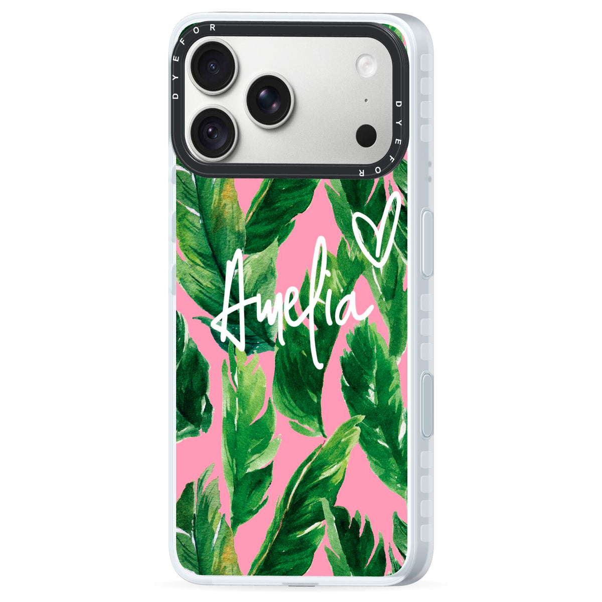 Personalised Pink Green Banana Leaf iPhone 18 Pro Max Black Impact Pre order Case Side Angle on Silver phone