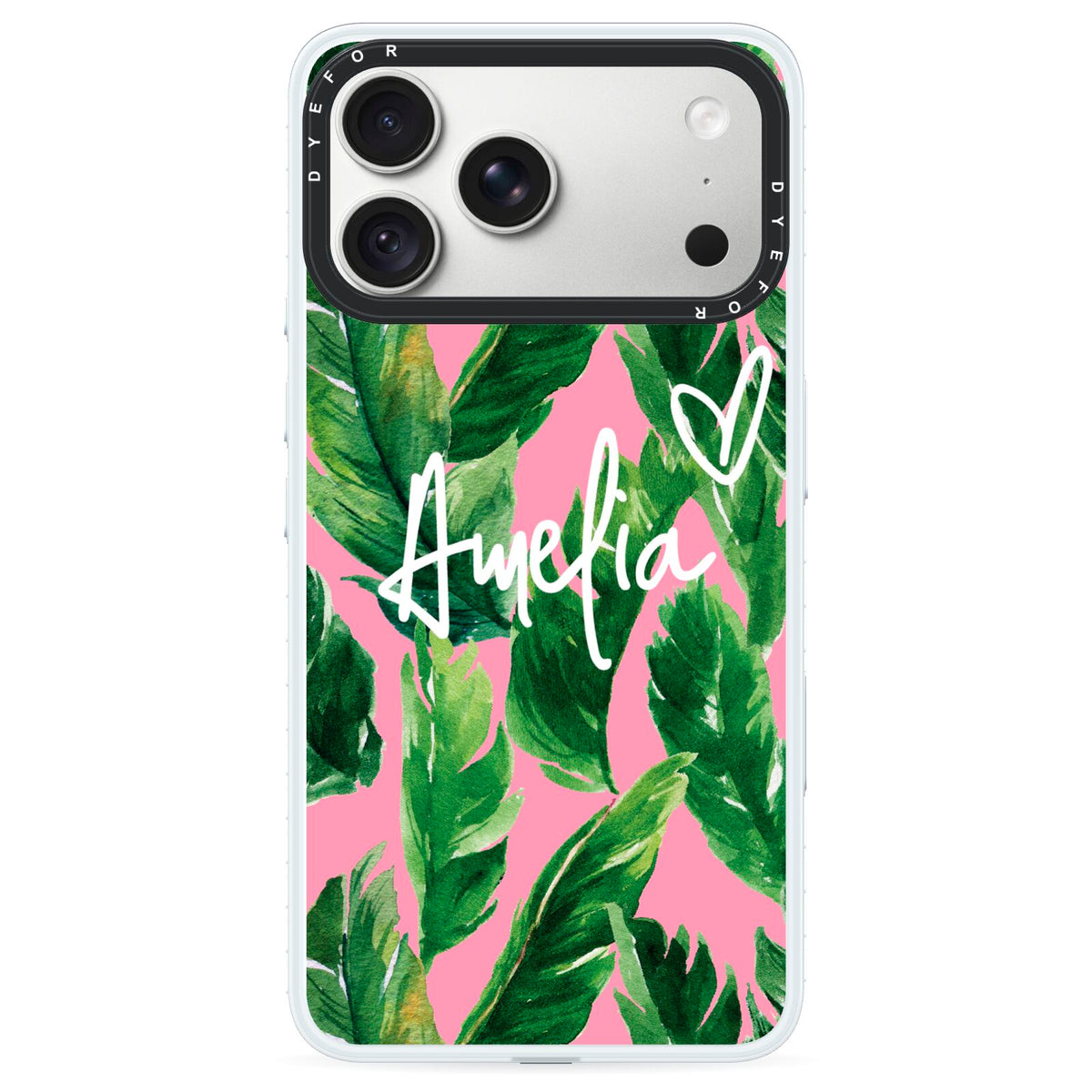 Personalised Pink Green Banana Leaf iPhone 18 Pro Max Black Impact Pre order Case on Silver phone