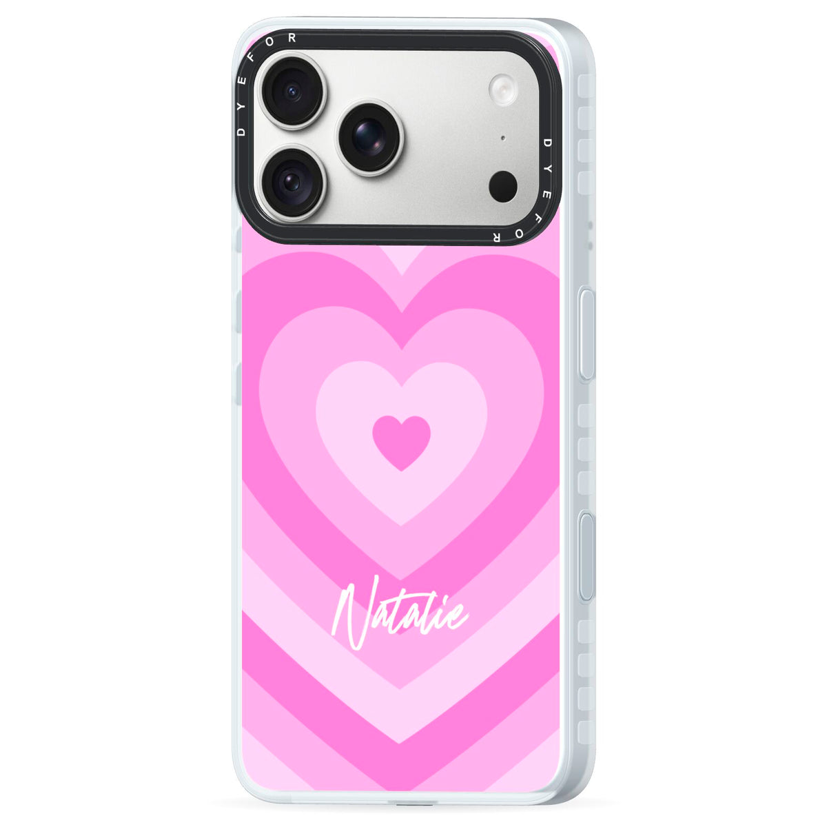 Personalised Pink Heart iPhone 18 Pro Max Black Impact Pre order Case Side Angle on Silver phone