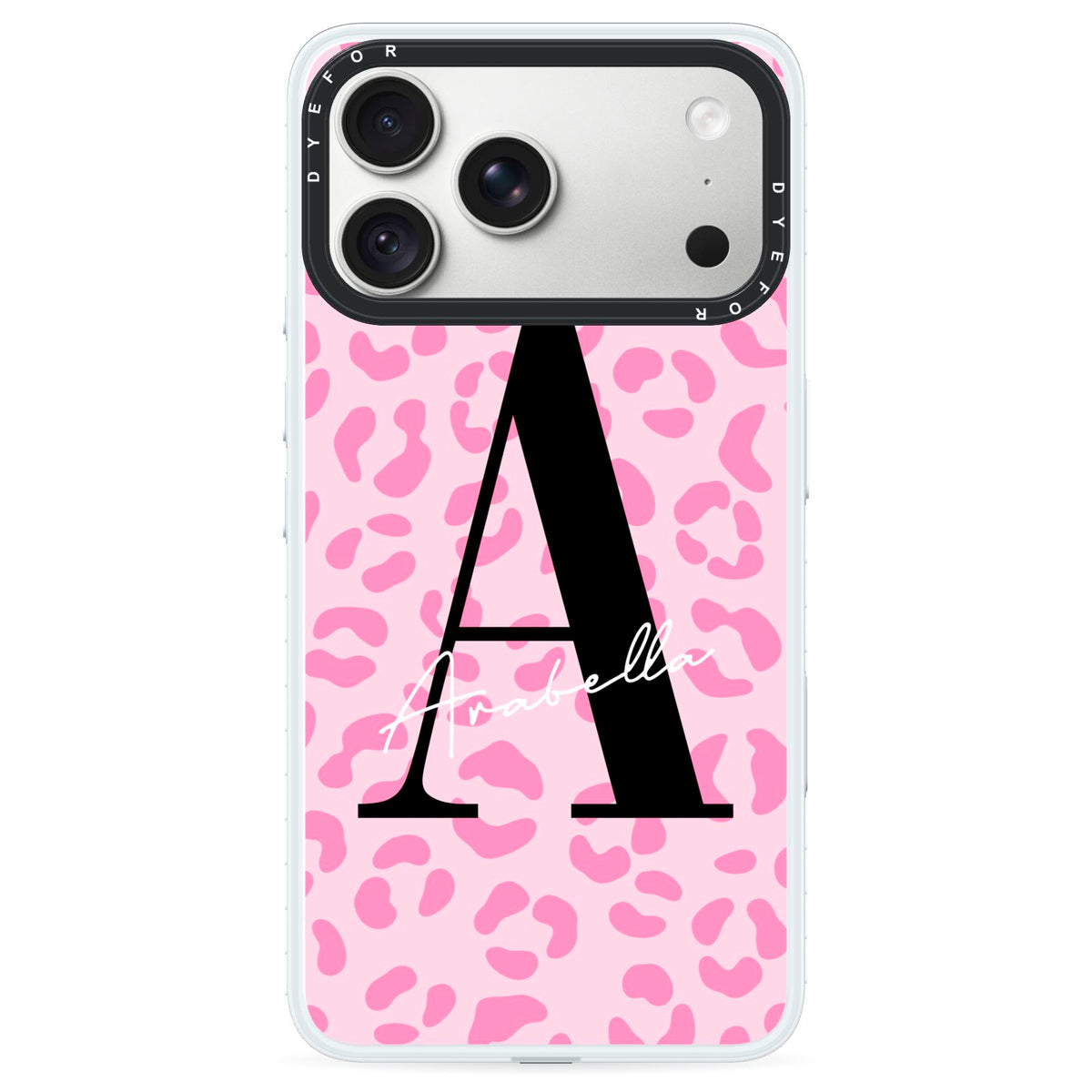Personalised Pink Leopard Print iPhone 18 Pro Black Impact Pre order Case on Silver phone