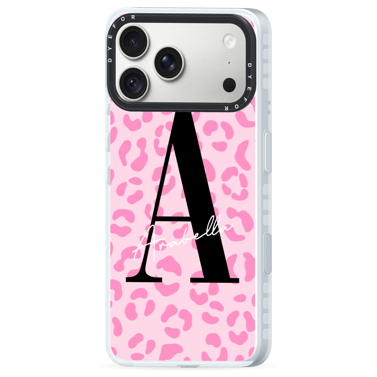 Personalised Pink Leopard Print iPhone 18 Pro Max Black Impact Pre order Case Side Angle on Silver phone