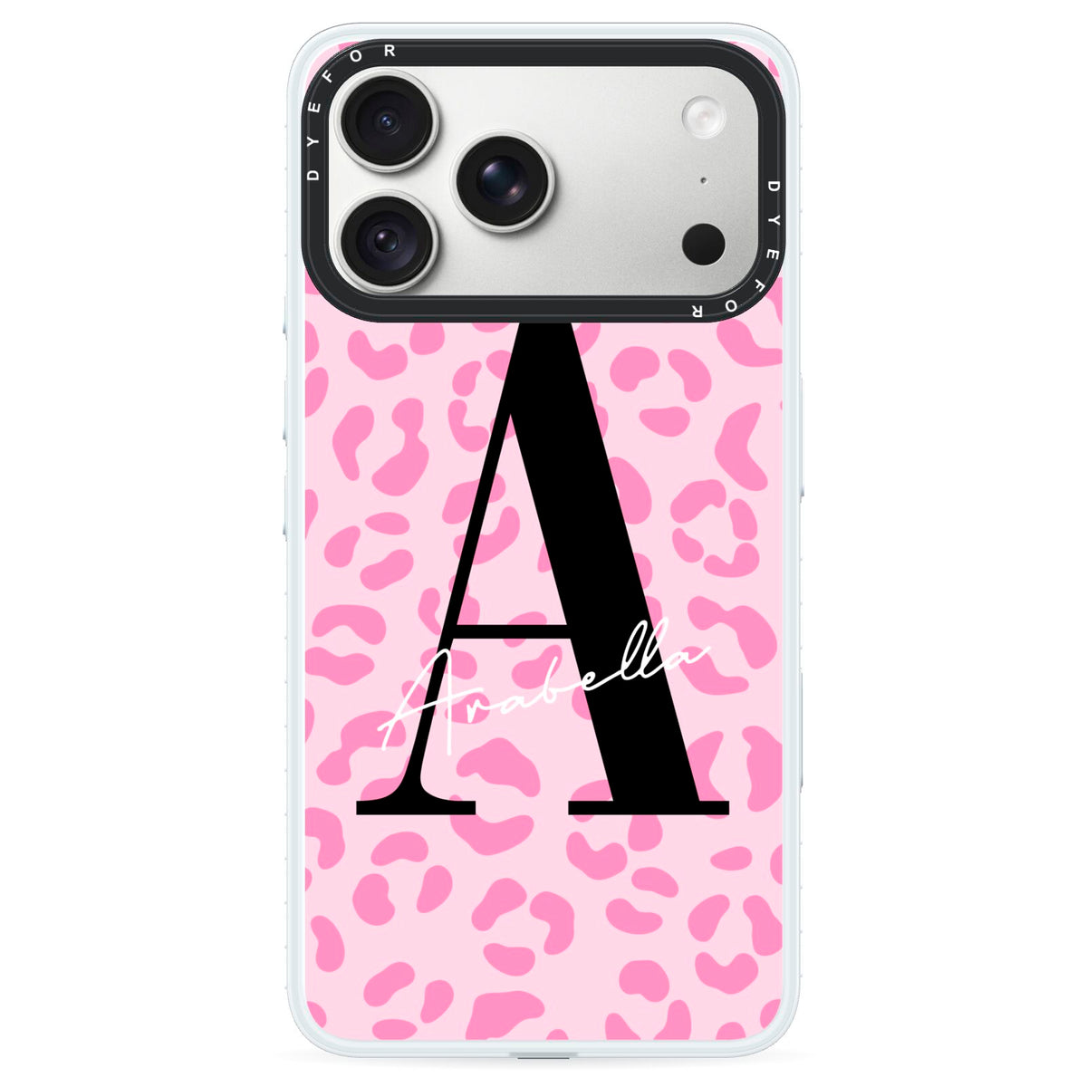 Personalised Pink Leopard Print iPhone 18 Pro Max Black Impact Pre order Case on Silver phone