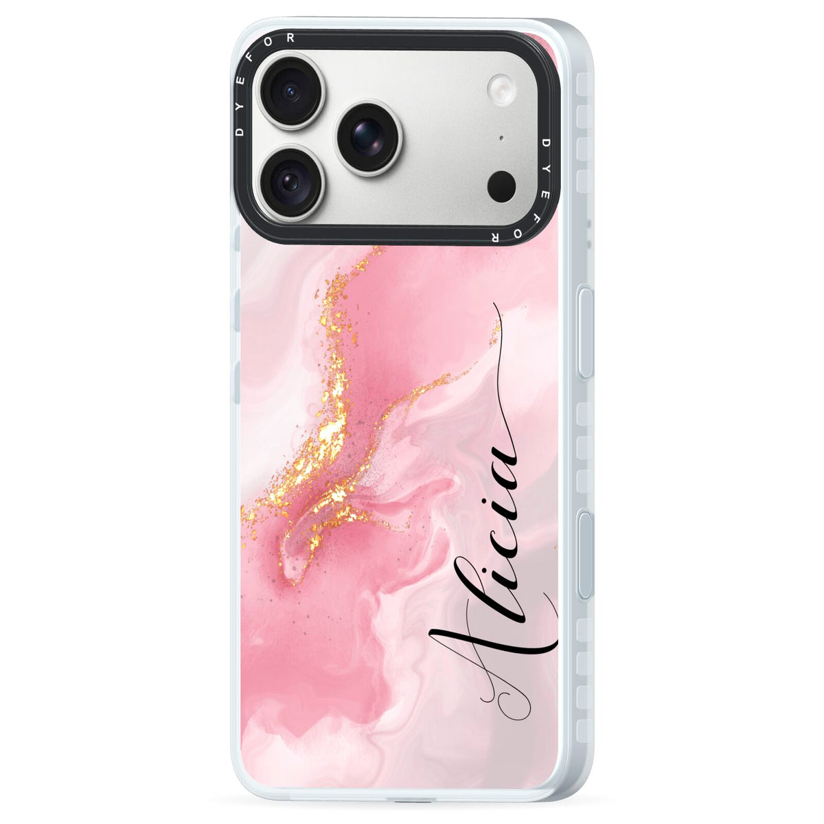 Personalised Pink Marble iPhone 18 Pro Black Impact Pre order Case Side Angle on Silver phone