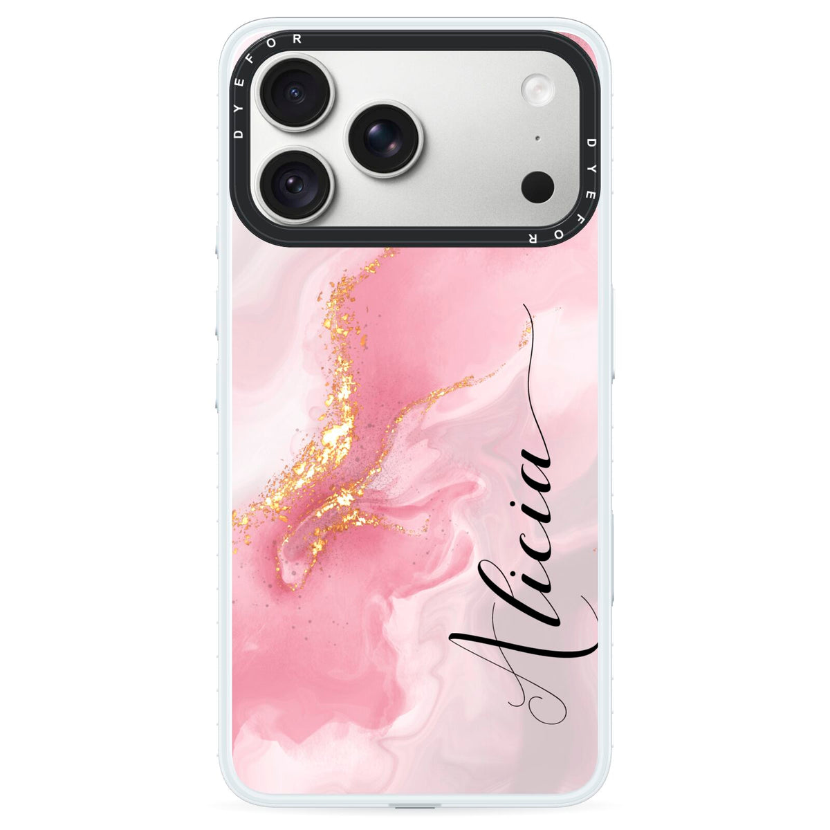 Personalised Pink Marble iPhone 18 Pro Black Impact Pre order Case on Silver phone