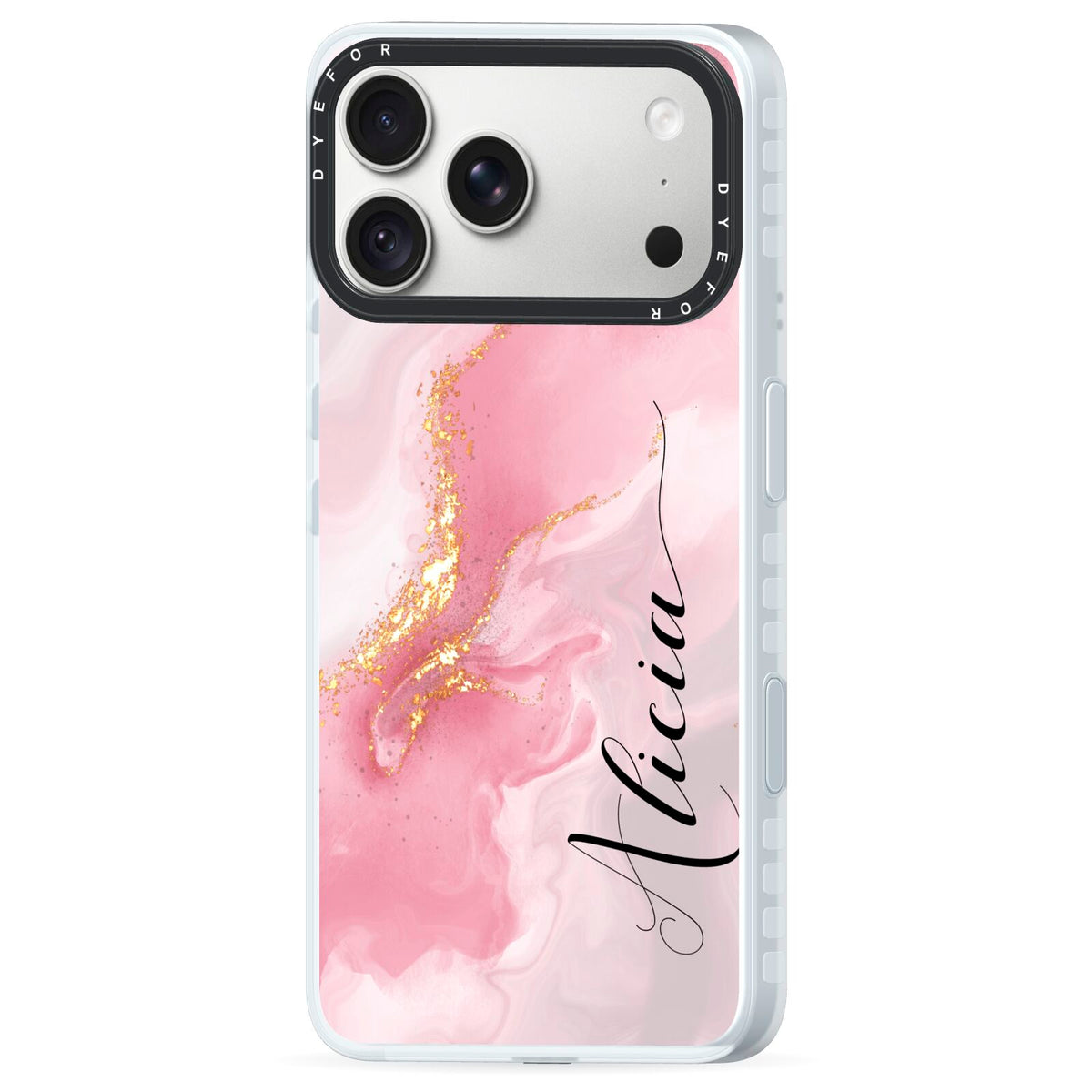 Personalised Pink Marble iPhone 18 Pro Max Black Impact Pre order Case Side Angle on Silver phone
