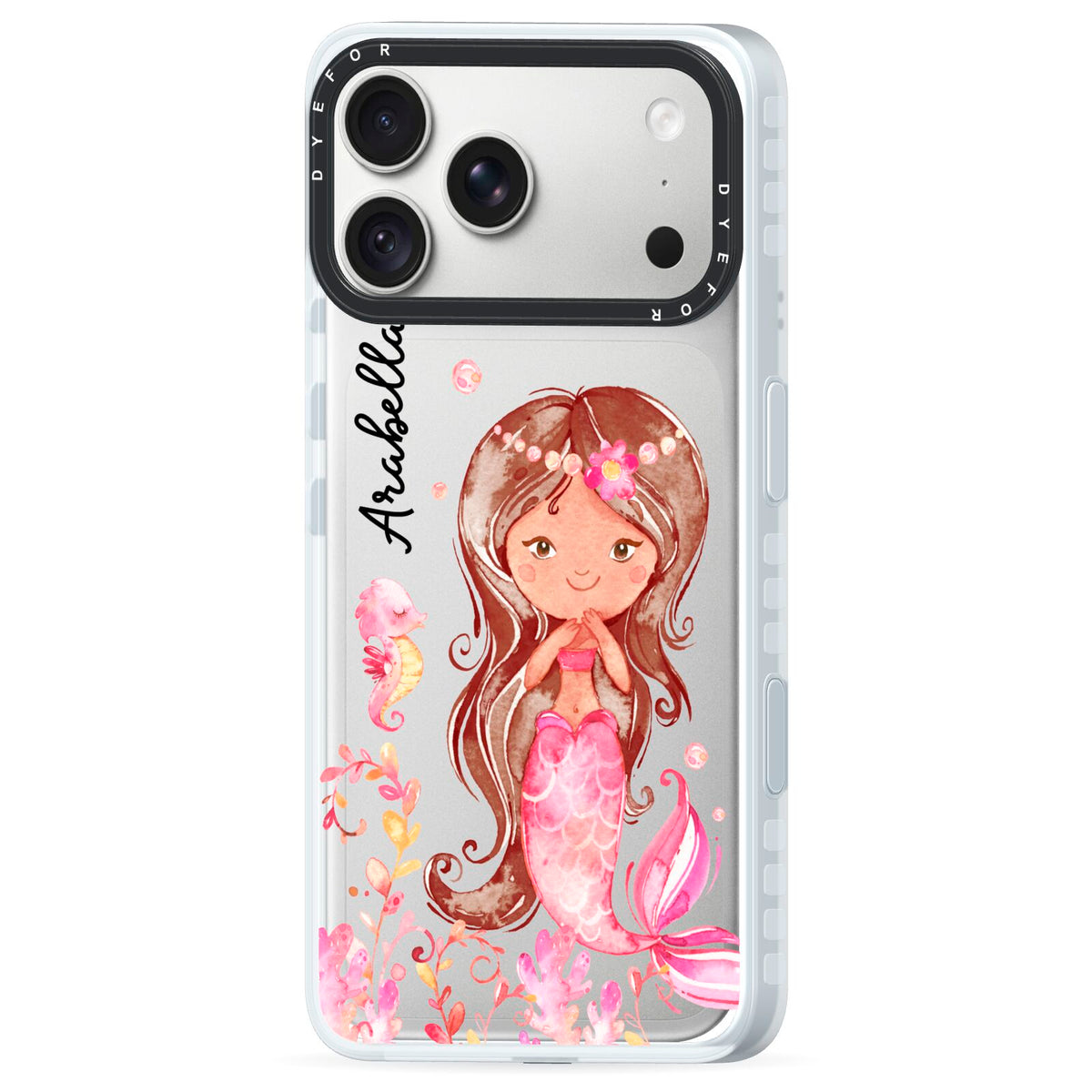 Personalised Pink Mermaid iPhone 18 Pro Black Impact Pre order Case Side Angle on Silver phone
