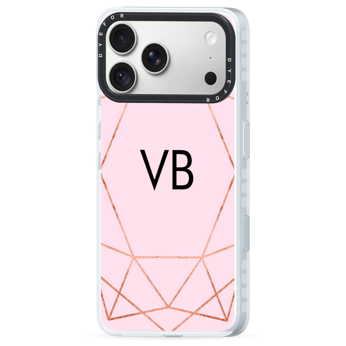 Personalised Pink Rose Gold Initials Geometric iPhone 18 Pro Black Impact Pre order Case Side Angle on Silver phone