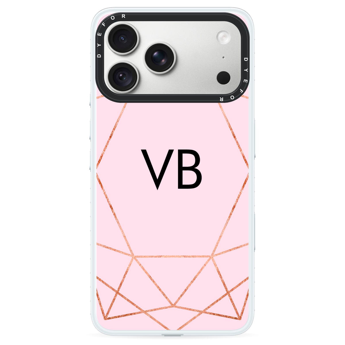 Personalised Pink Rose Gold Initials Geometric iPhone 18 Pro Black Impact Pre order Case on Silver phone