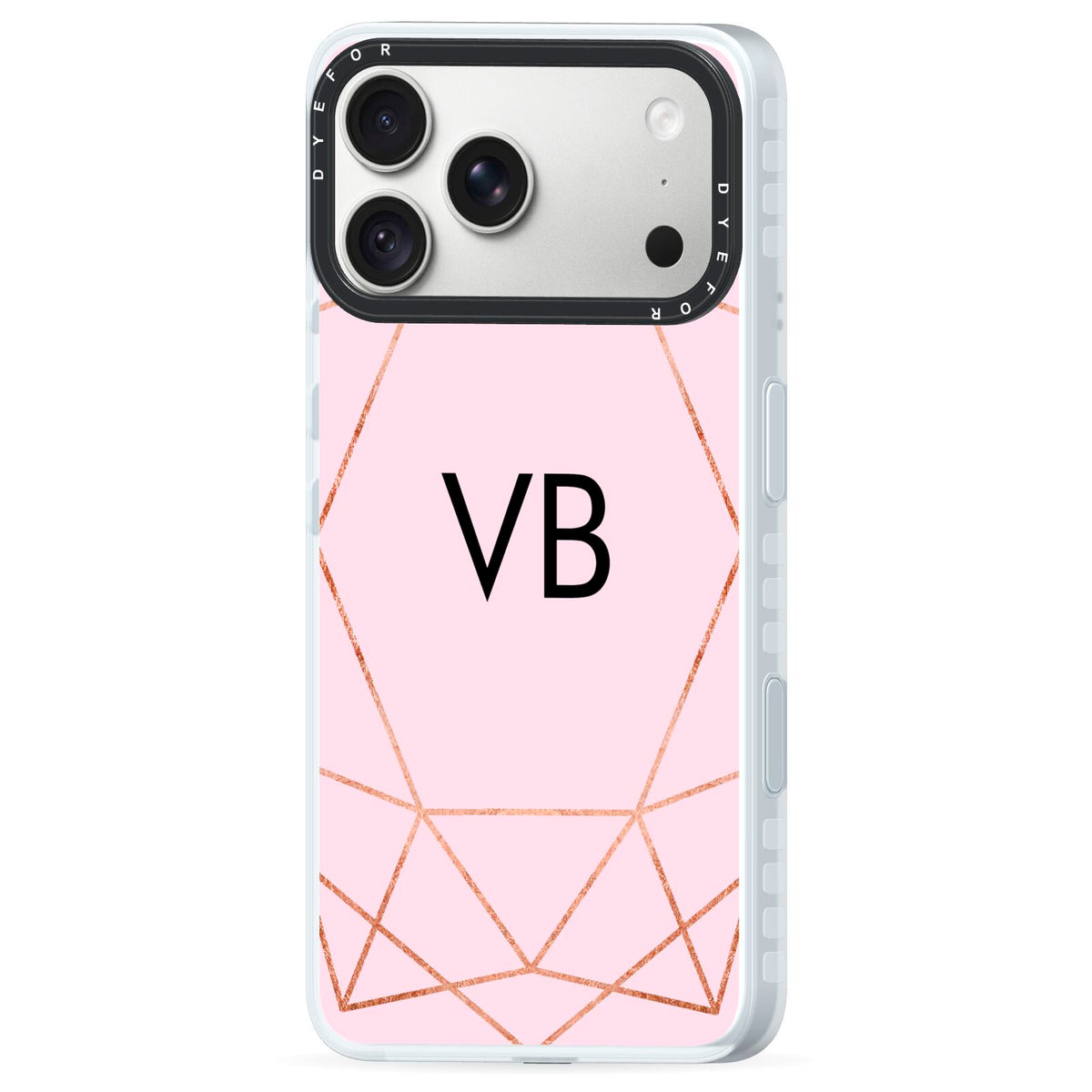 Personalised Pink Rose Gold Initials Geometric iPhone 18 Pro Max Black Impact Pre order Case Side Angle on Silver phone