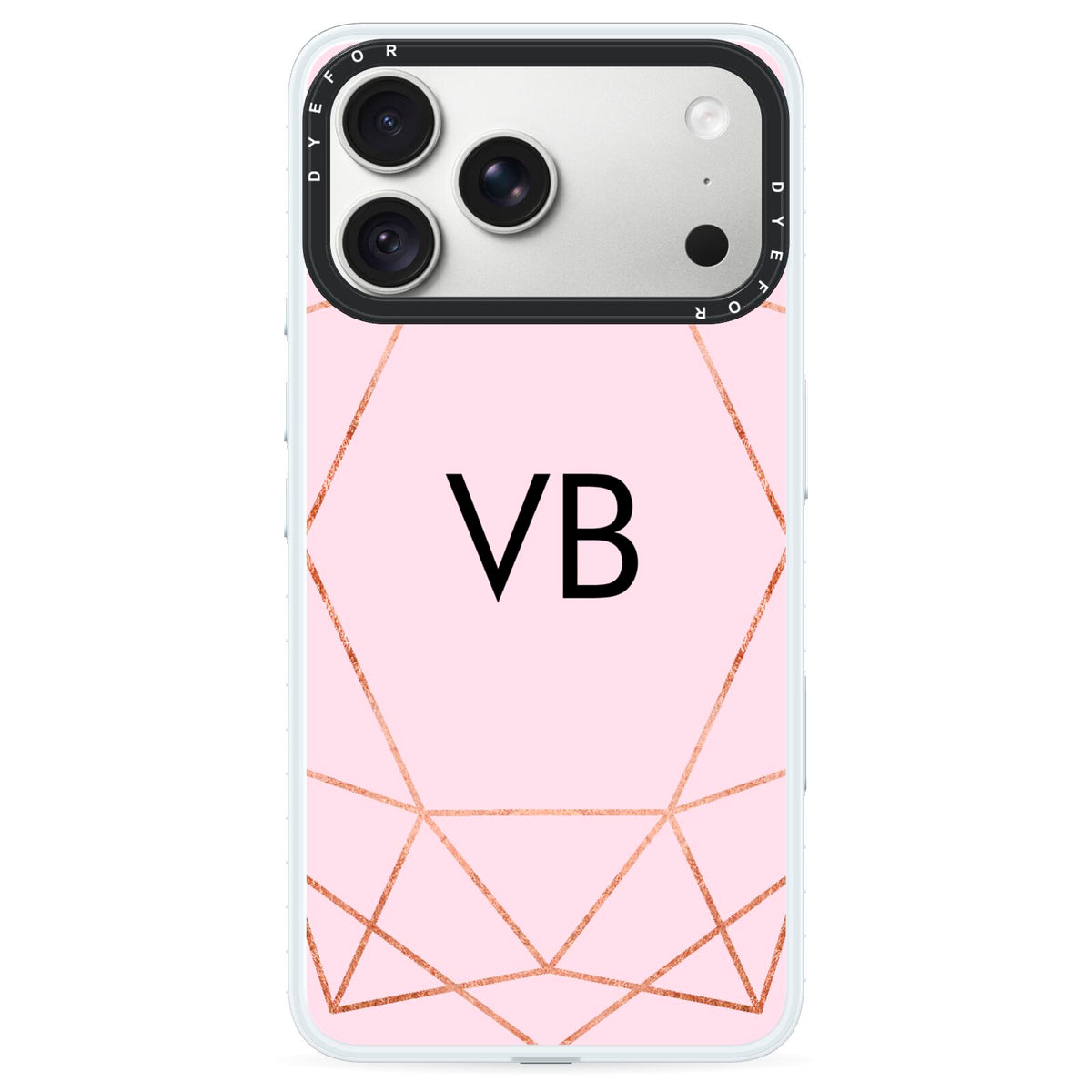 Personalised Pink Rose Gold Initials Geometric iPhone 18 Pro Max Black Impact Pre order Case on Silver phone