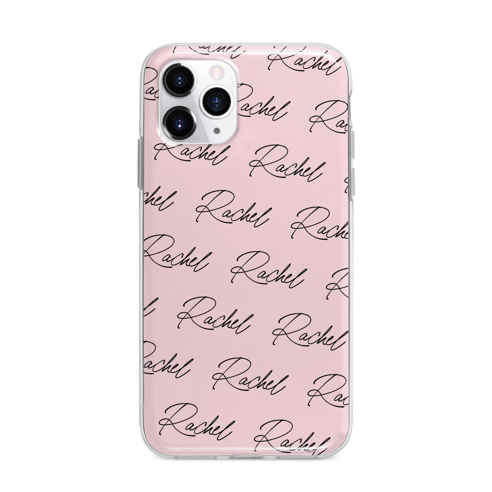 Personalised Pink Script Name Pattern Apple iPhone 11 Pro Max in Silver with Bumper Case