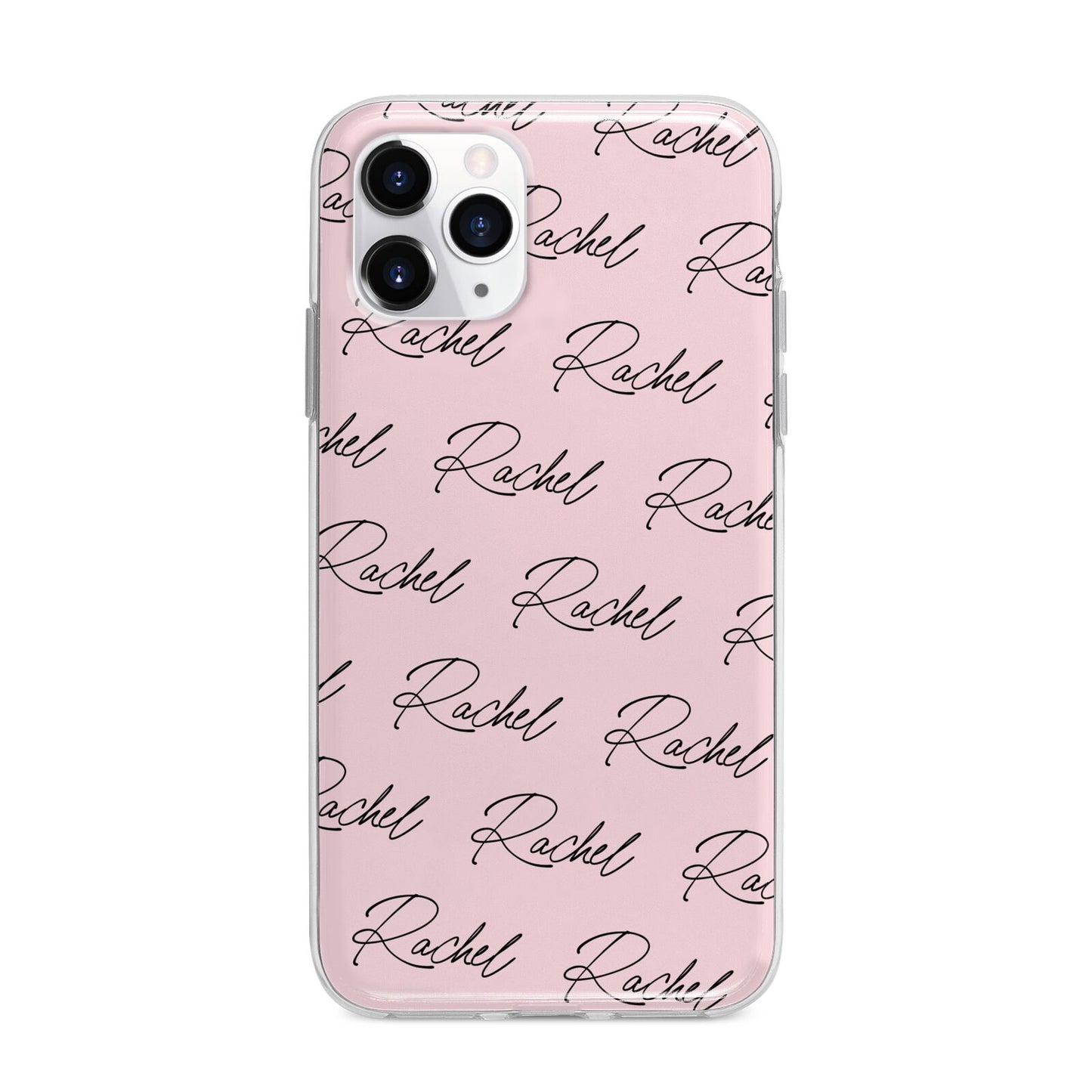 Personalised Pink Script Name Pattern Apple iPhone 11 Pro in Silver with Bumper Case
