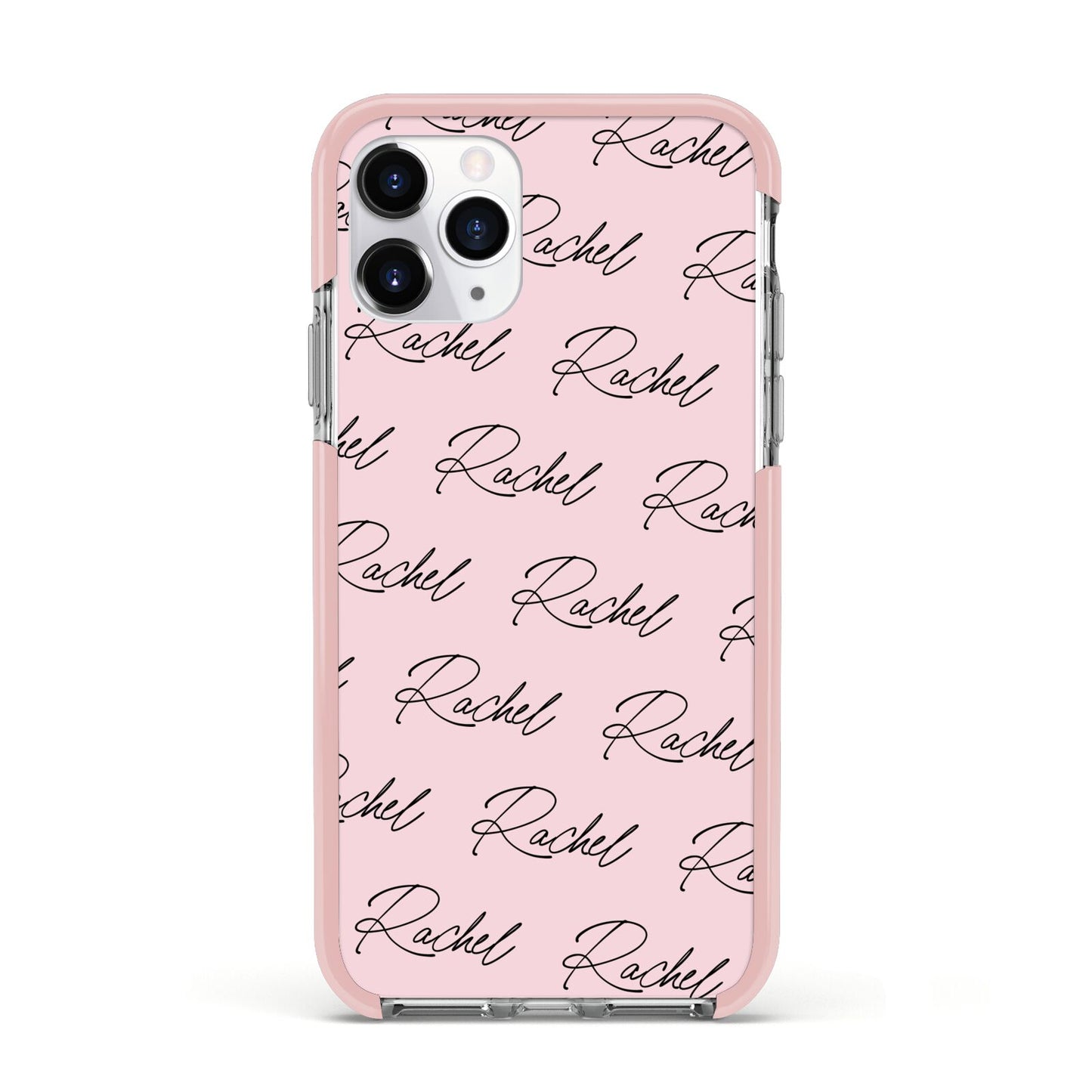 Personalised Pink Script Name Pattern Apple iPhone 11 Pro in Silver with Pink Impact Case