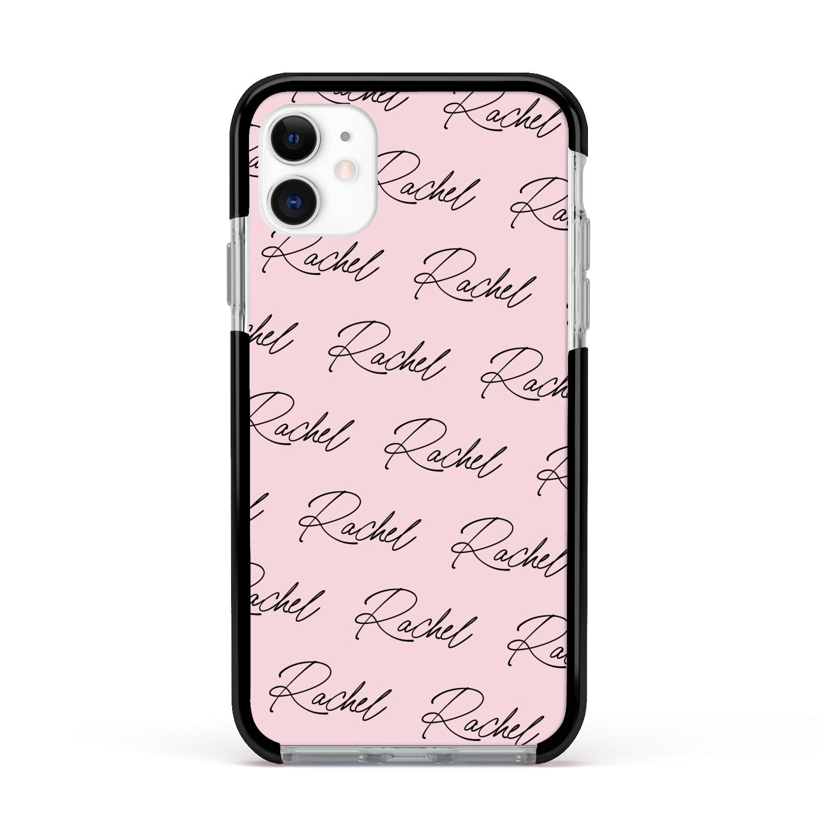 Personalised Pink Script Name Pattern Apple iPhone 11 in White with Black Impact Case