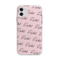 Personalised Pink Script Name Pattern Apple iPhone 11 in White with Bumper Case
